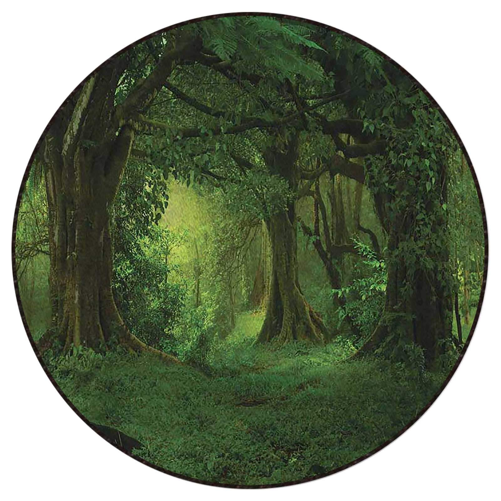 Tropical Jungle Trees Coffee Table Rug - Natural Rubber Non-Slip Round Carpet 4 ft Diameter for Living Room, Bedroom & Home Decor