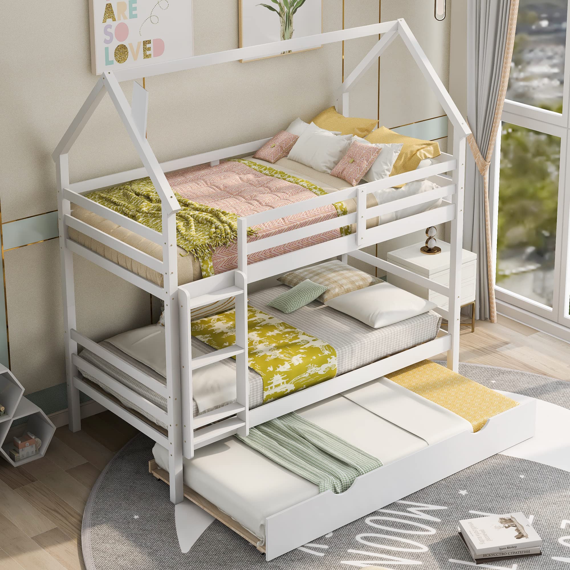 Twin Over Twin Wooden Bunk Bed with 2 Drawers & Chimney Design - Space-Saving Kids Bunk Bed Frame for Boys & Girls (White) - Perfect for Small Bedrooms, Shared Kids Rooms & Sleepovers