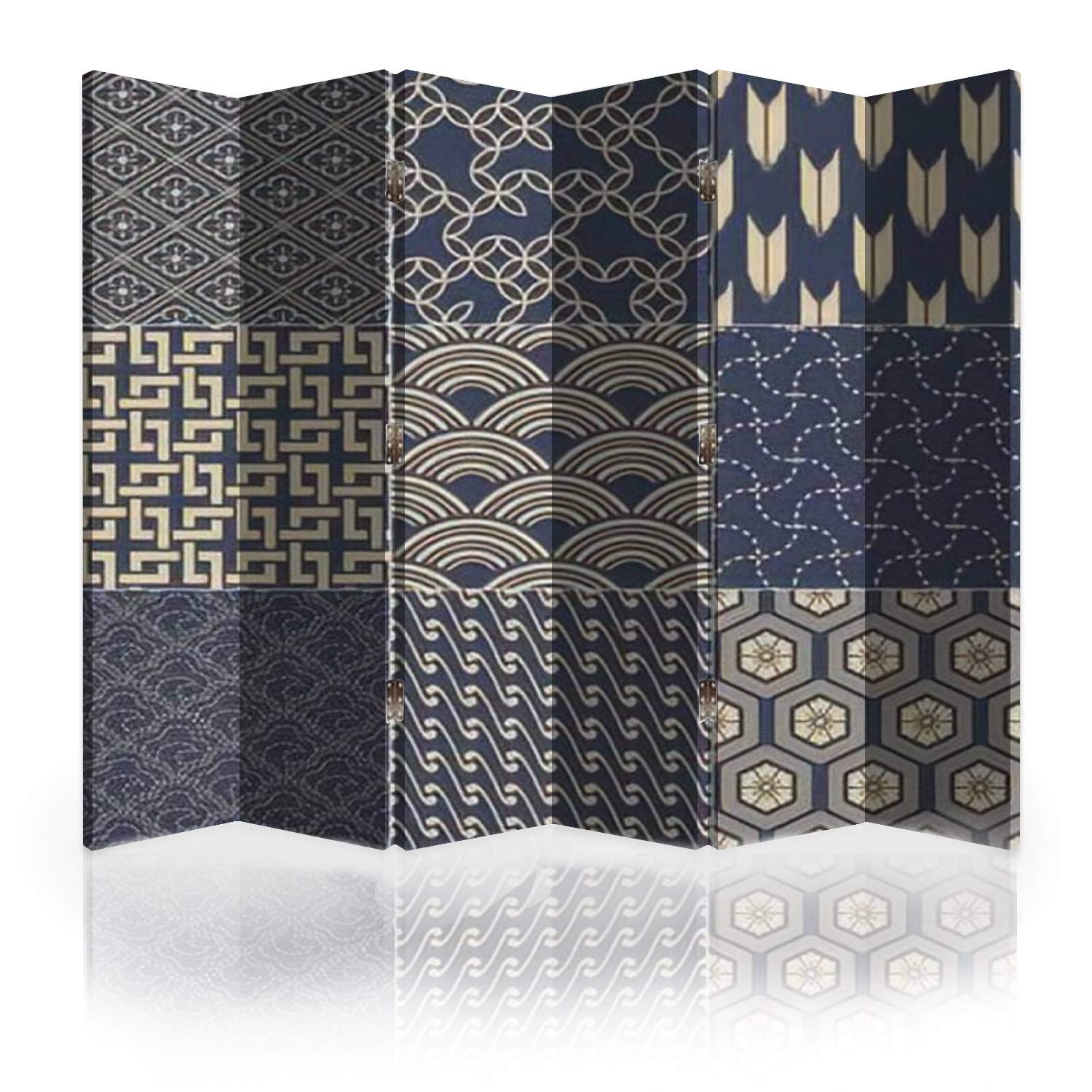 Japanese Style 6-Panel Canvas Room Divider Screen with Mesh Pattern - Foldable Privacy Partition & Wall Separator for Bedroom, Office, and Living Space Decoration