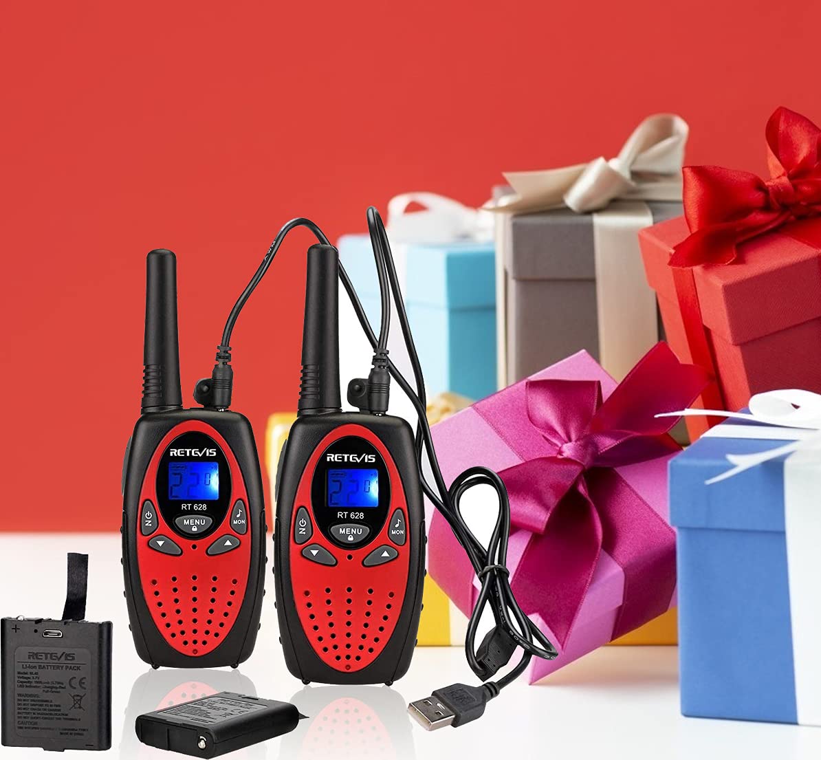 Retevis RT628 Kids Walkie Talkies Rechargeable - 2 Pack Long Range 2 Way Radios with 22 Channels, Backlit LCD Screen & VOX - Perfect for Indoor Outdoor Adventures, Camping, Hiking (Red) - Ideal Gift for Boys Girls Ages 6-12