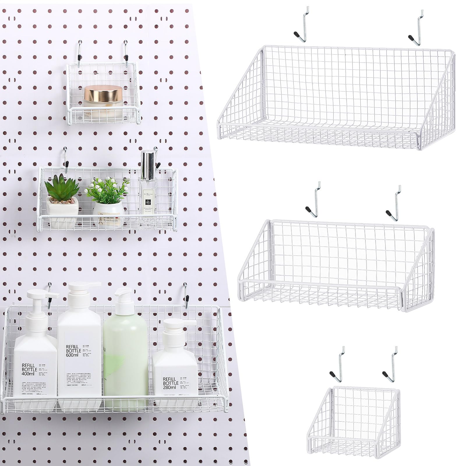 Soaoo 3-Piece Pegboard Basket Set with 6 Hooks - Heavy Duty Metal Wire Shelf Organizer for Kitchen, Bathroom, Garage & Craft Room - Wall Mount Storage Solution for Utensils, Tools & Supplies (White)