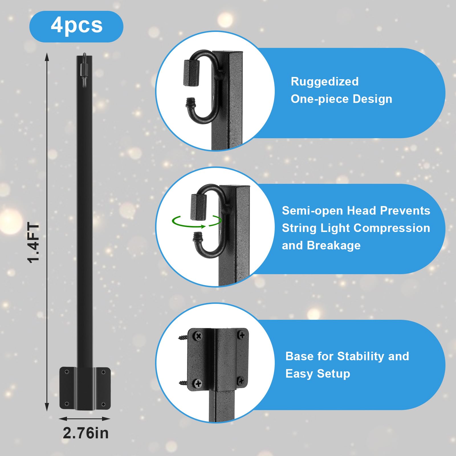 4 Pack 1.4 FT Outdoor String Light Poles - Black Metal Hanging Stand with Clip & Bracket for Patio, Garden, Backyard, Wedding & Party Decor | Weather-Resistant Fence Post Lights for Outdoor Ambiance & Nighttime Illumination