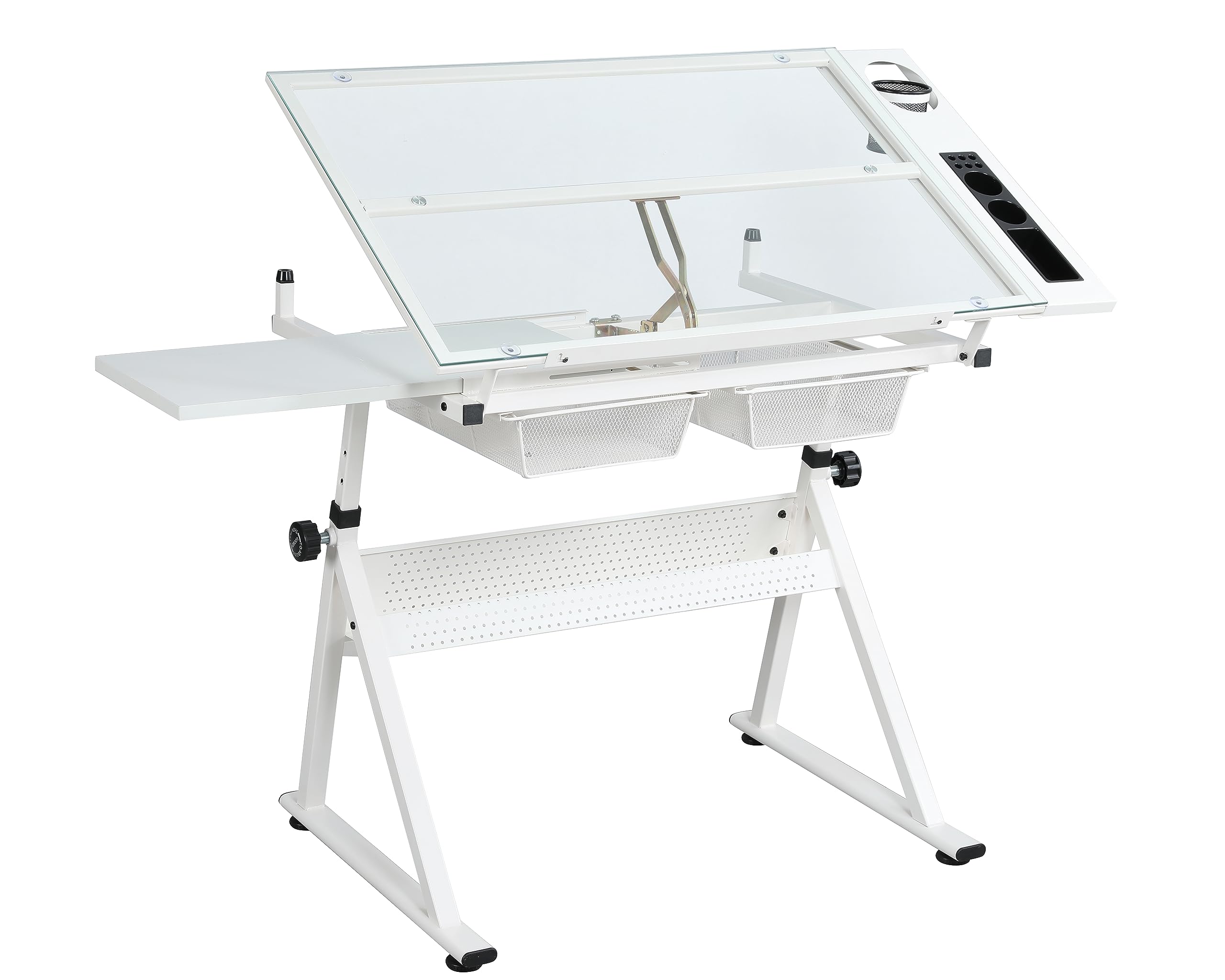 Adjustable Drafting Table with Stool - Tilting Tempered Glass Top Art Desk for Painting, Drawing & Crafting - 2 Storage Drawers, Height Adjustable White Workstation (Perfect for Artists, Architects & Hobbyists)