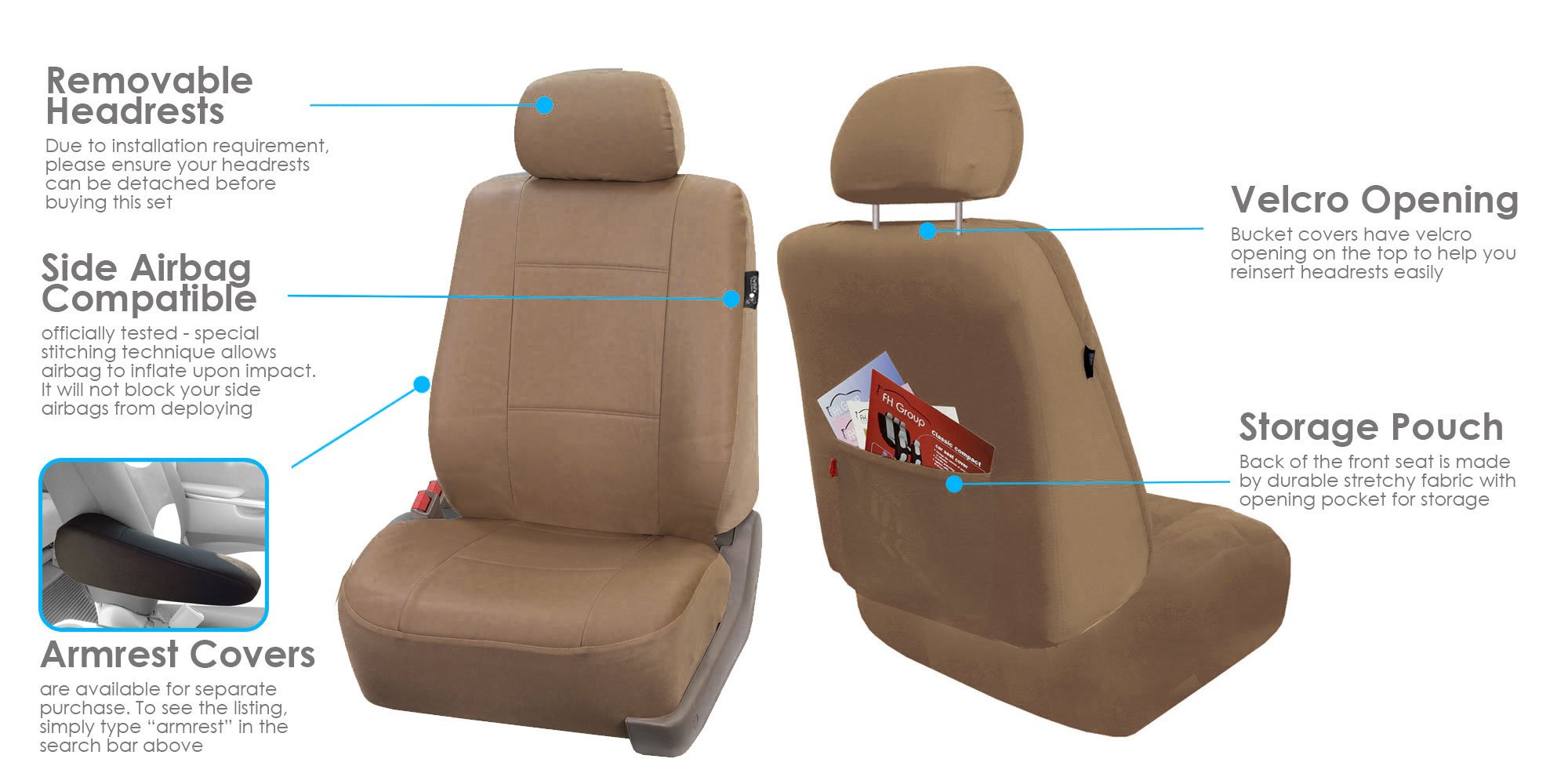 Premium FH Group PU Leather Car Seat Covers Full Set - Universal Fit for Trucks, SUVs & Vans (Front & Rear Split Bench, Tan) | Easy Installation with Free Gift | Perfect for Road Trips, Daily Commute & Family Protection