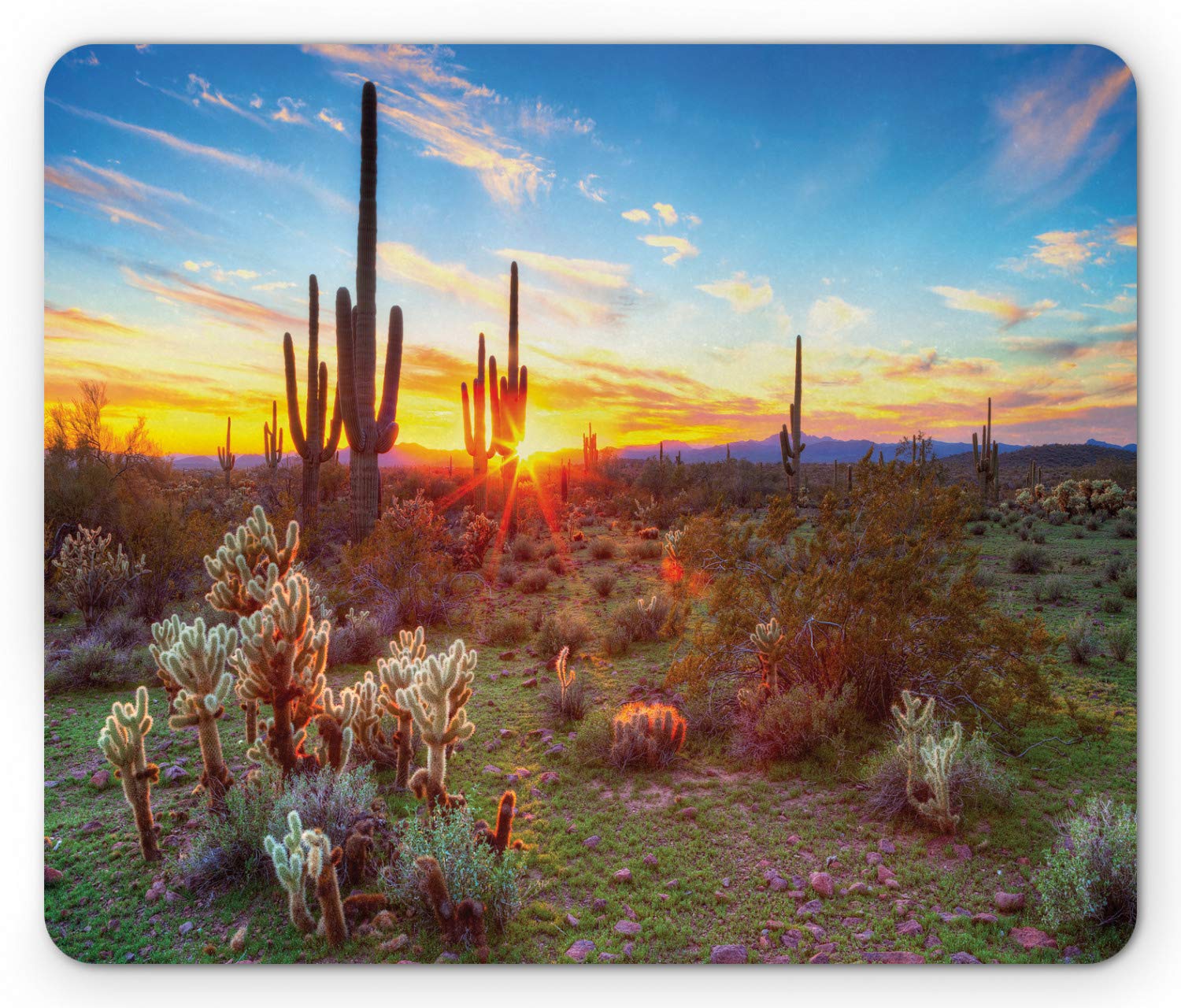 Premium Saguaro Cactus Mouse Pad - Non-Slip Rubber Base with Sonoran Desert Sunset & Wildflowers Design - Standard Size (Green, Orange, Blue) for Office, Gaming & Home Computer Use