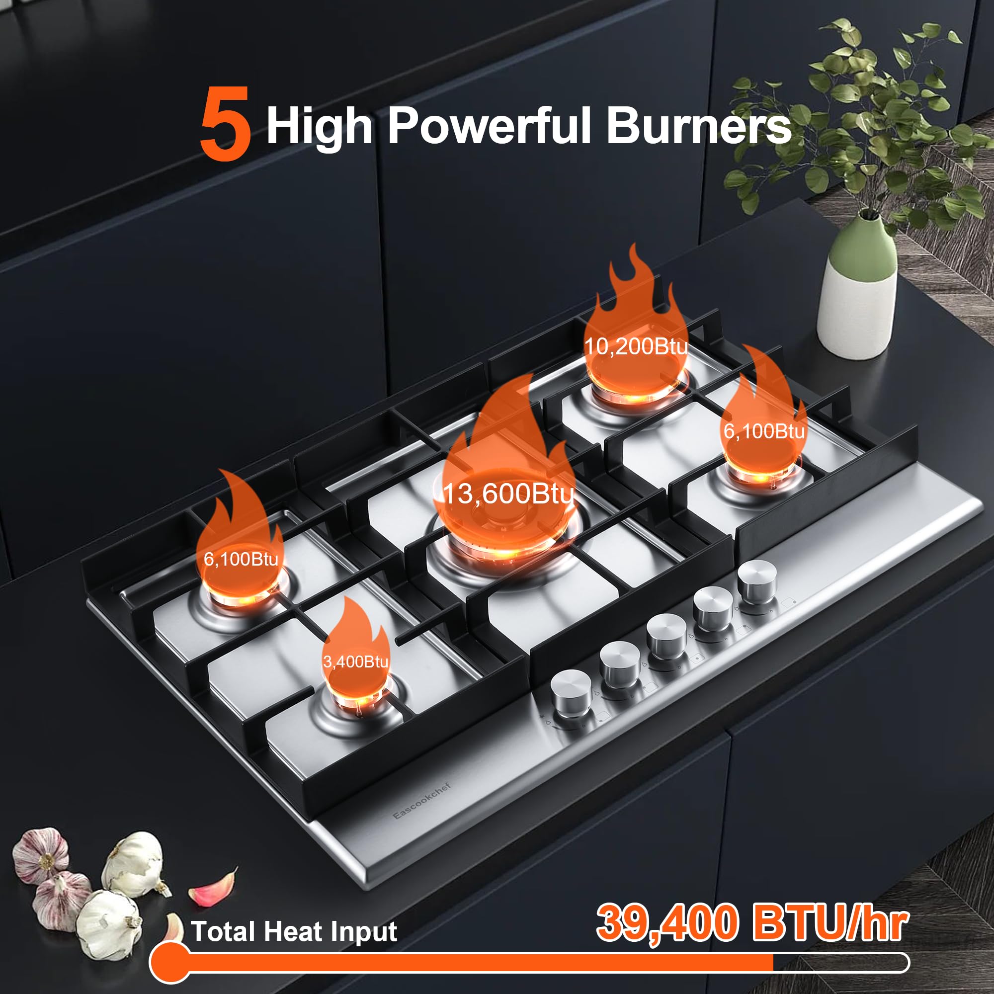 30 Inch Stainless Steel Gas Cooktop with 5 High-Efficiency Burners - Built-In NG/LPG Convertible Gas Stove for Kitchen - Thermocouple Protection - Perfect for Home Cooking, Restaurant Use & RV Kitchens