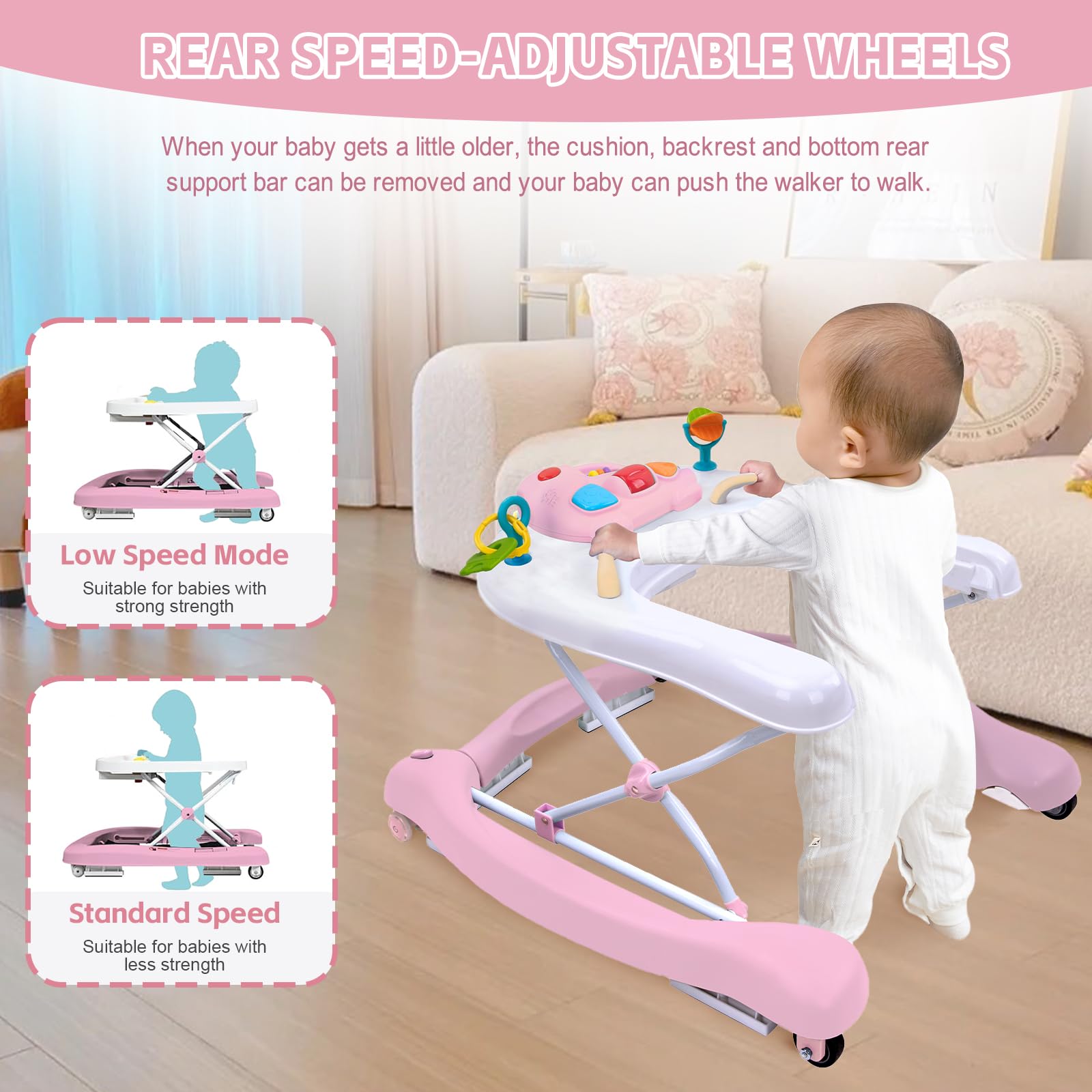 5 in 1 Foldable Baby Walker with Detachable Trampoline Mat - Adjustable Speed Wheels & Height for 6-18 Months (Pink) | Baby Bouncer, Rocker, Activity Center & Push Walker | Perfect for Playtime, Learning to Walk & Indoor Fun