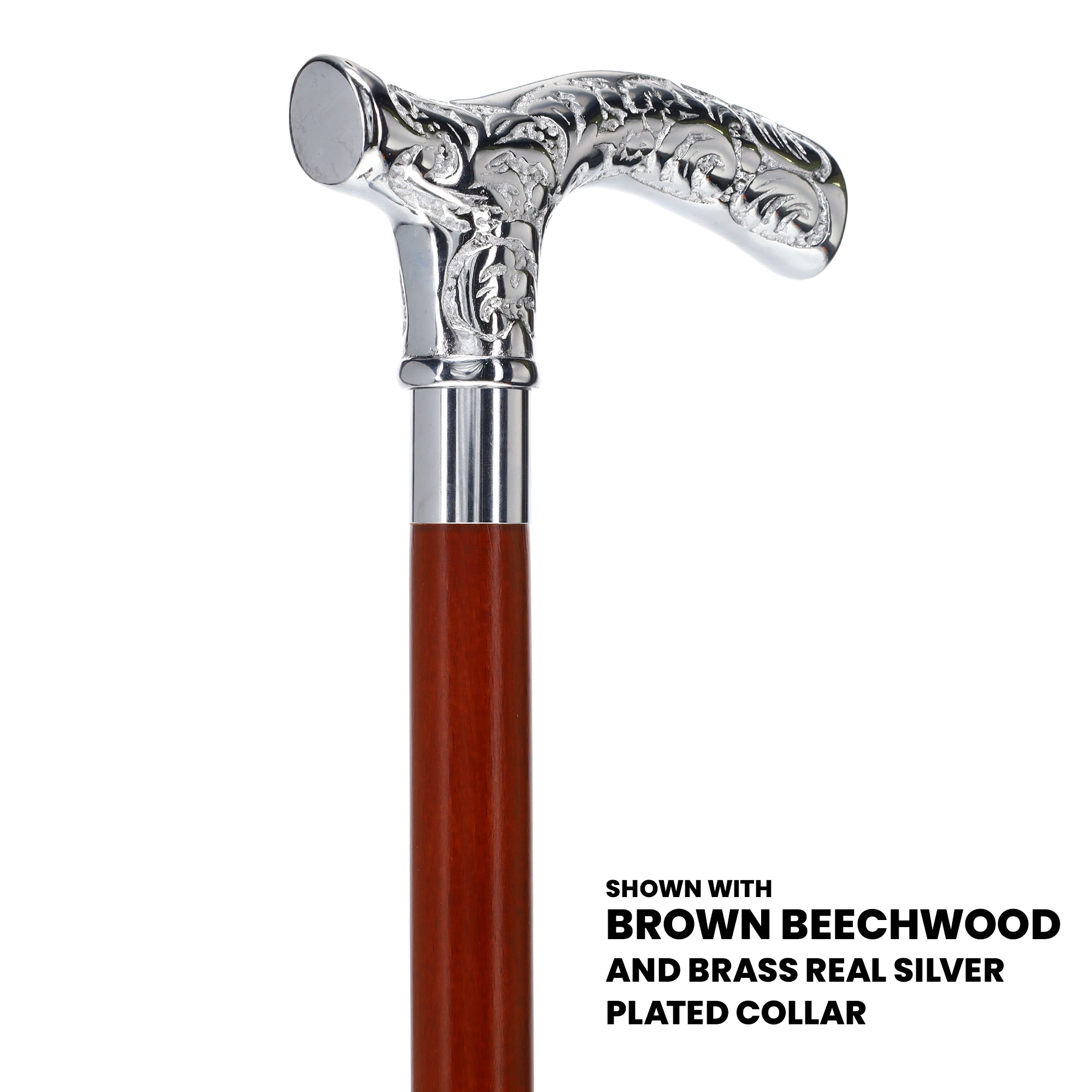 Premium Chrome Plated Fritz Handle Walking Cane - White Beechwood Shaft with Aluminum Silver Collar (Model V3215) - Ideal for Seniors, Hiking, and Mobility Support