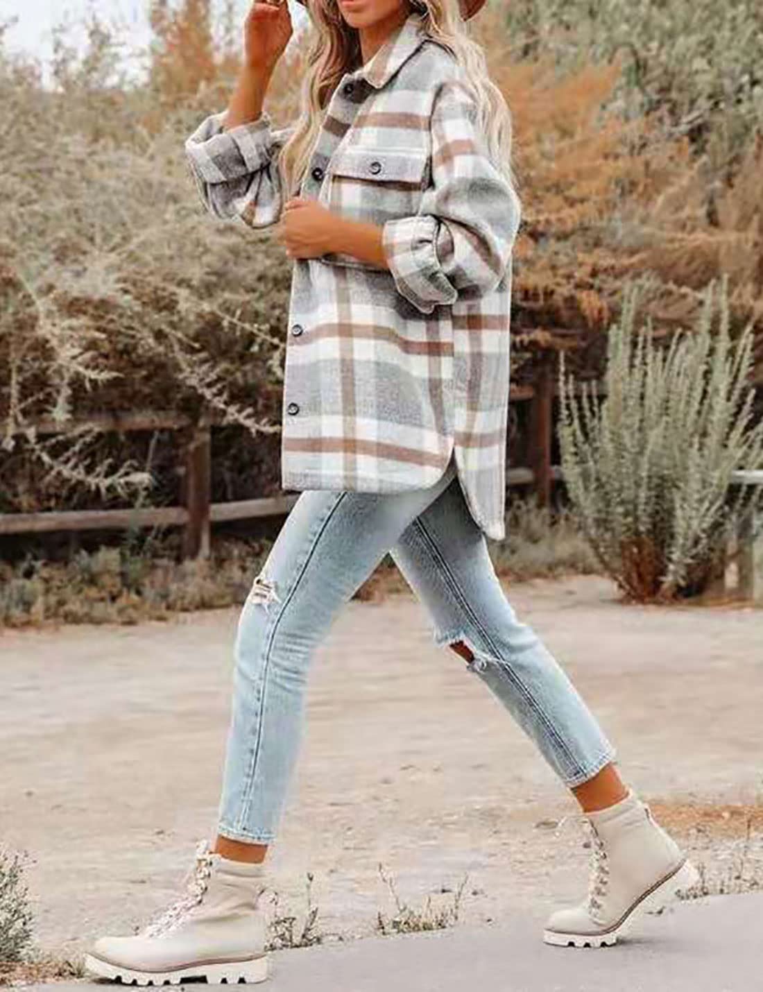 Happlan Women's Long Sleeve Plaid Shacket Jacket - Casual Lapel Tweed Pea Coat for Fall & Winter | Perfect for Office, Date Night and Outdoor Activities
