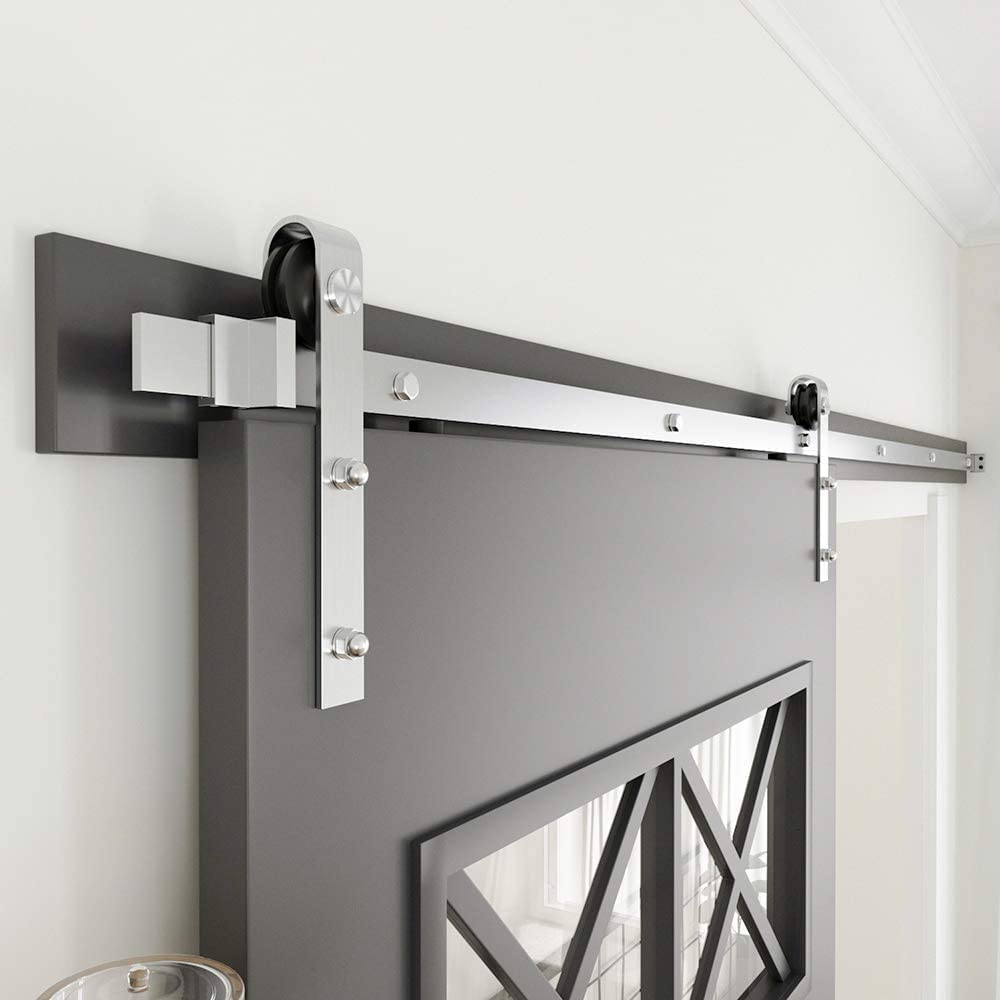 Modern Stainless Steel Sliding Barn Door Hardware Kit - 5FT to 8FT Brushed Nickel Rail Track Set for Single Doors | ZEKOO | Perfect for Bedroom, Closet & Farmhouse Style Homes