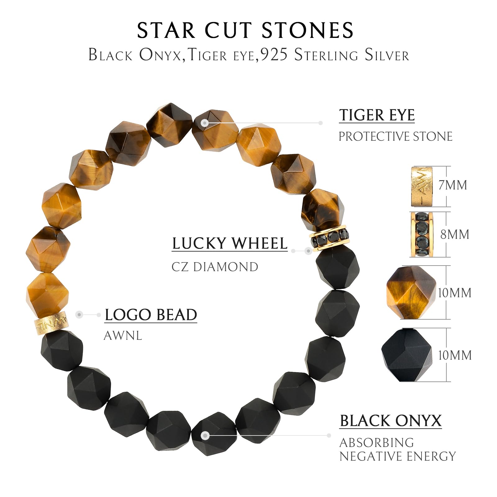 Premium Handmade Beaded Bracelet for Men – Tiger Eye, Onyx & Obsidian Natural Gemstones (10mm) with Sterling Silver Protection Charm – Adjustable Stretch 5.9