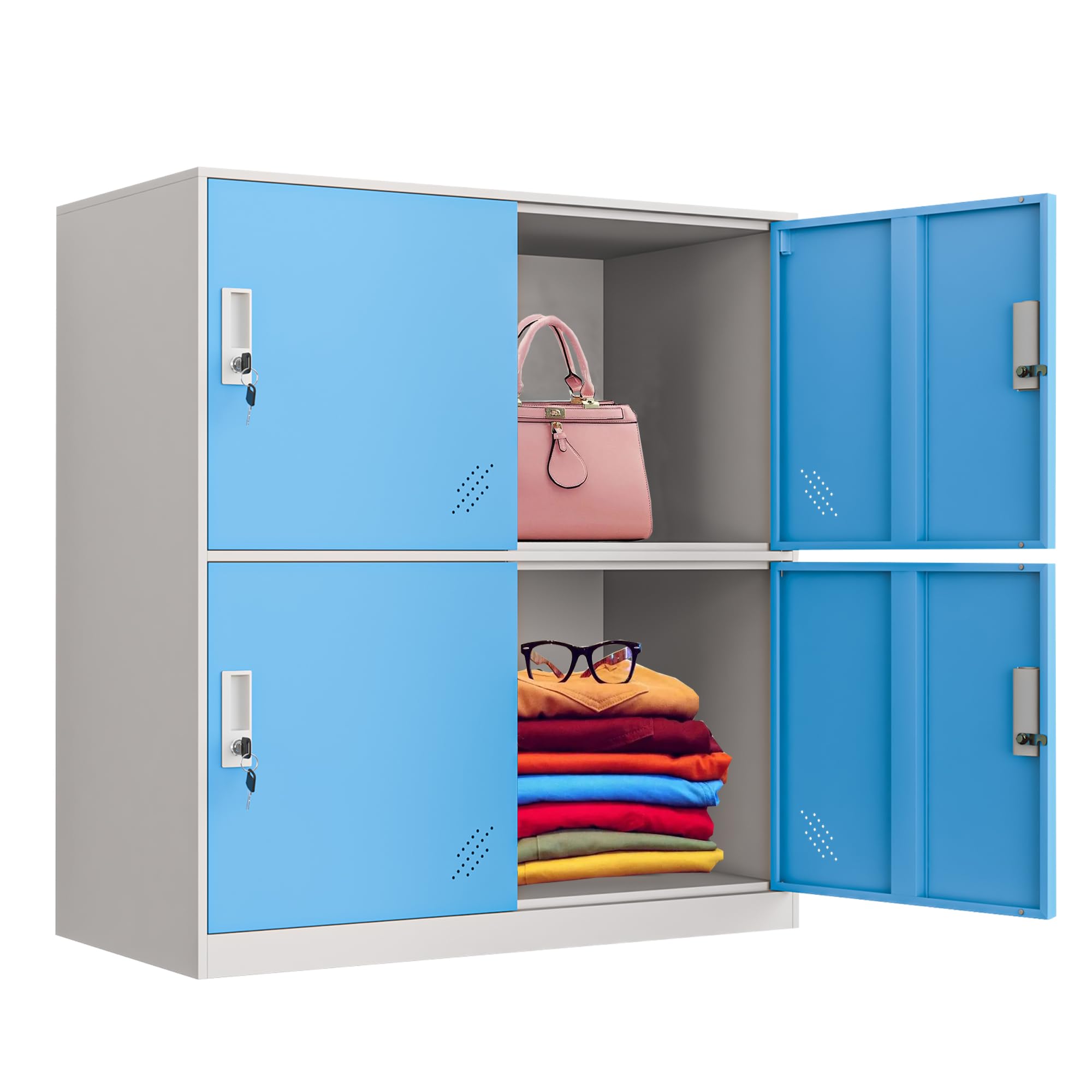 MECOLOR 4-Door Metal Locker Storage Cabinet with Lock - Heavy Duty Steel Organizer for Office, Home, Bedroom & Gym - Space-Saving Vertical Storage Solution for Clothes, Shoes & Sports Equipment (Blue)