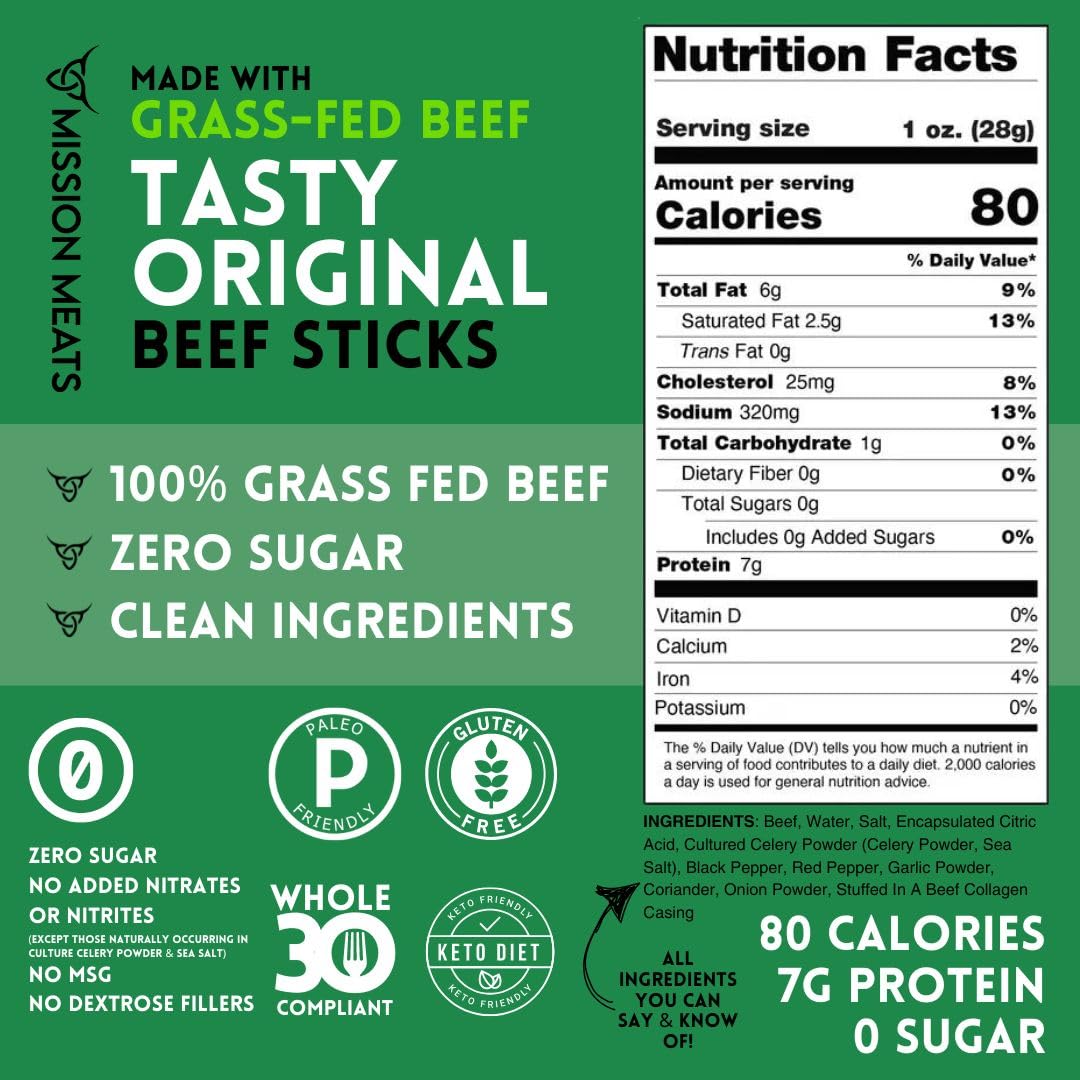 Mission Meats Beef Sticks - 100% Grass Fed & Pasture Raised Beef Jerky, Zero Sugar, Gluten Free, Keto & Paleo Friendly Snacks, Whole30 Approved, 1oz Individually Wrapped (Pack of 72) - Perfect for Hiking, Camping & On-the-Go Healthy Snacking