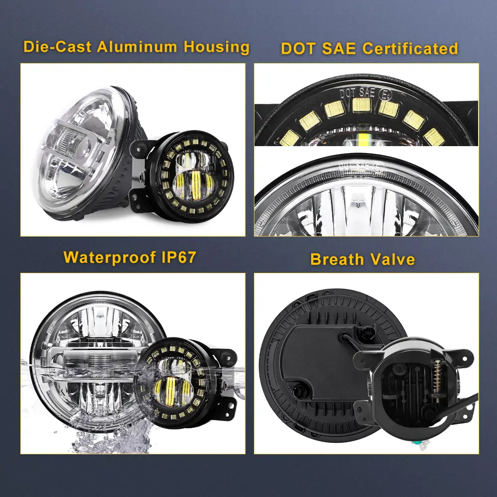 LOYO King Kong LED Headlights & Clock Style Fog Lights for Jeep Wrangler JK (2007-2018) - Chrome Finish - Off-Road Adventure & Night Driving Upgrade