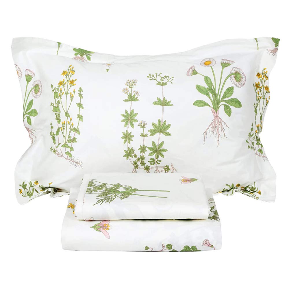 Premium 100% Cotton Queen Size Sheet Set - White Floral Design with Yellow Flowers & Green Leaves - Hypoallergenic, Super Soft & Breathable Farmhouse Bedding - 4-Piece Deep Pocket Fitted Sheet Set - Perfect for Guest Rooms, Master Bedrooms & Cozy Farmhouse Decor