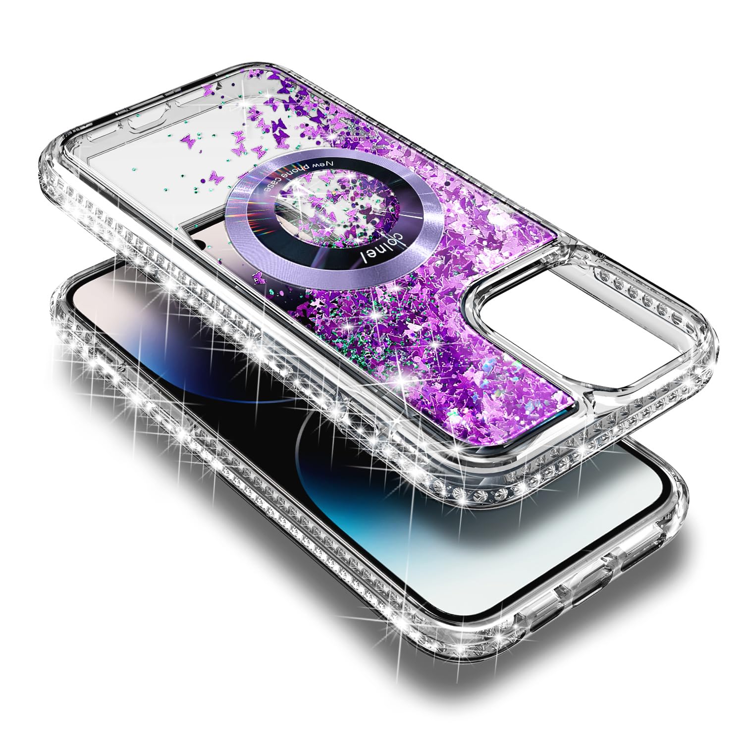 Magnetic Case for iPhone 13 Pro with MagSafe - Tempered Glass Screen Protector, Camera Lens Protector & Wrist Strap Lanyard | Glitter Floating Liquid Design (Purple Butterfly) | Perfect for Everyday Protection & Stylish Accessorizing