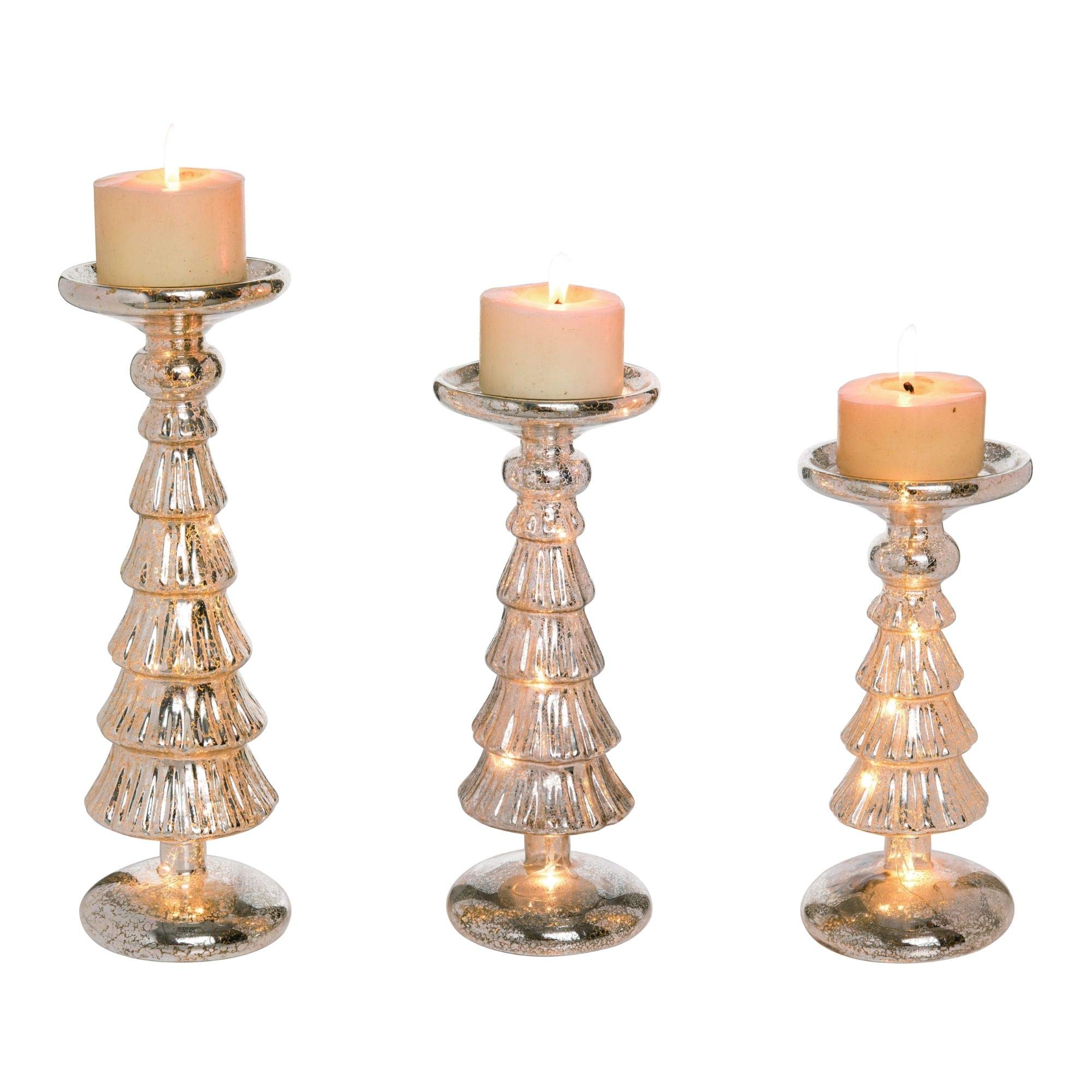 Set of 3 Gold LED Christmas Tree Glass Candle Holders - 15 Inch Tall Holiday Decor for Table Centerpiece, Mantel, and Home Decoration