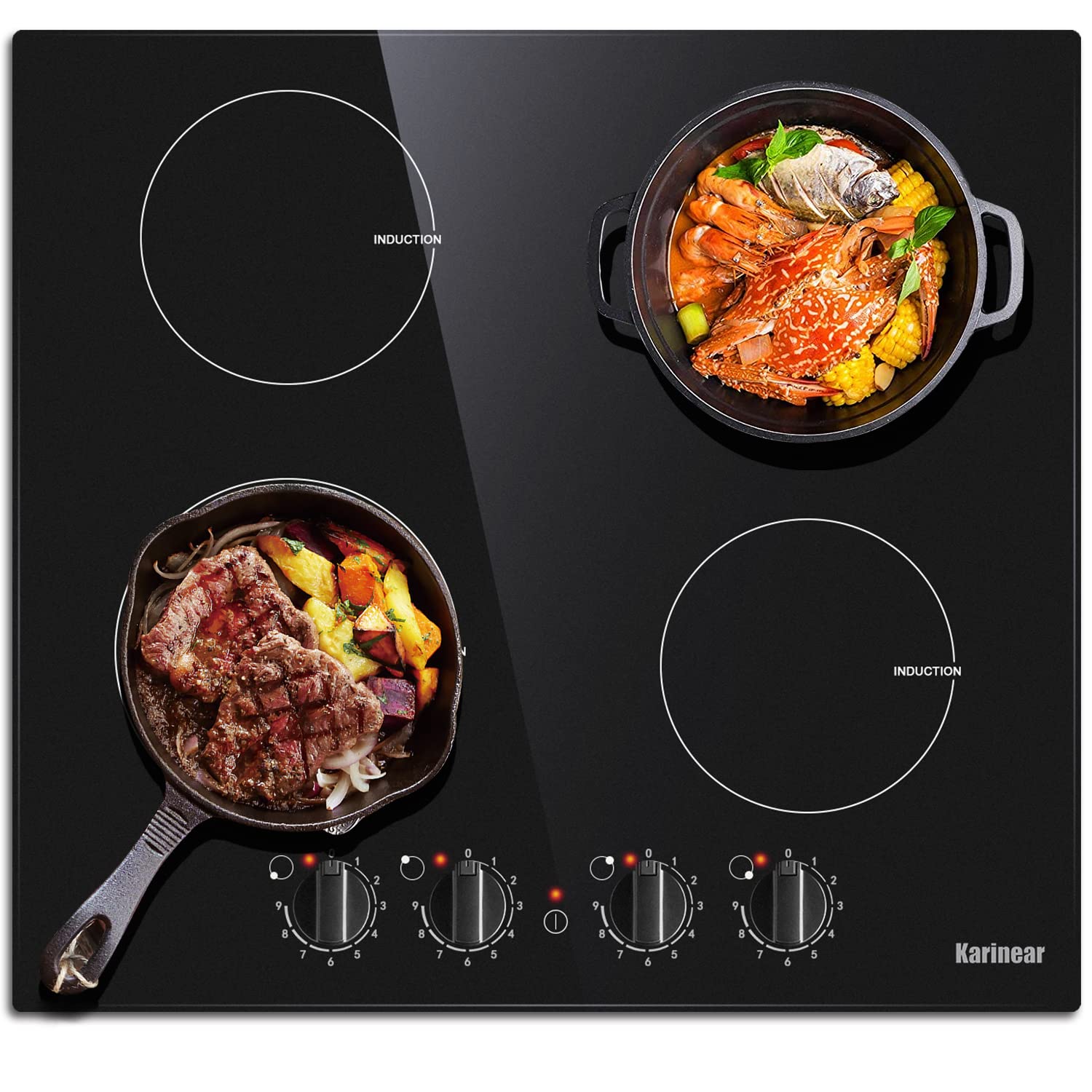 Karinear 24 Inch 4 Burner Built-in Induction Cooktop - 220-240V Electric Stovetop with Electronic Knob Control, 7000W Power, 9 Adjustable Heat Levels, Hardwired Glass Cooktop for Modern Kitchens | Perfect for Home Chefs & Professional Cooking