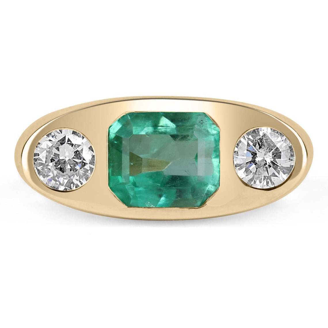 2.70ctw Emerald Cut Diamond & Brilliant Round Three Stone Gypsy Signet Ring in 14K Gold - Elegant Wedding Band, Anniversary Gift, Vintage Jewelry for Women