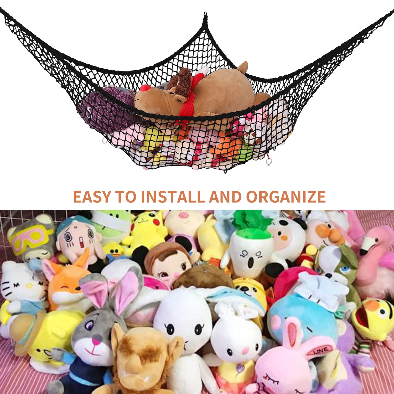 LXUNYI 84-Inch Large Mesh Toy Hammock - Stuffed Animal Storage Net Organizer for Kids' Bedroom, Wall Corner Space Saver | Perfect for Plush Toys, Stuffed Animals & Kids Room Decor (Black)