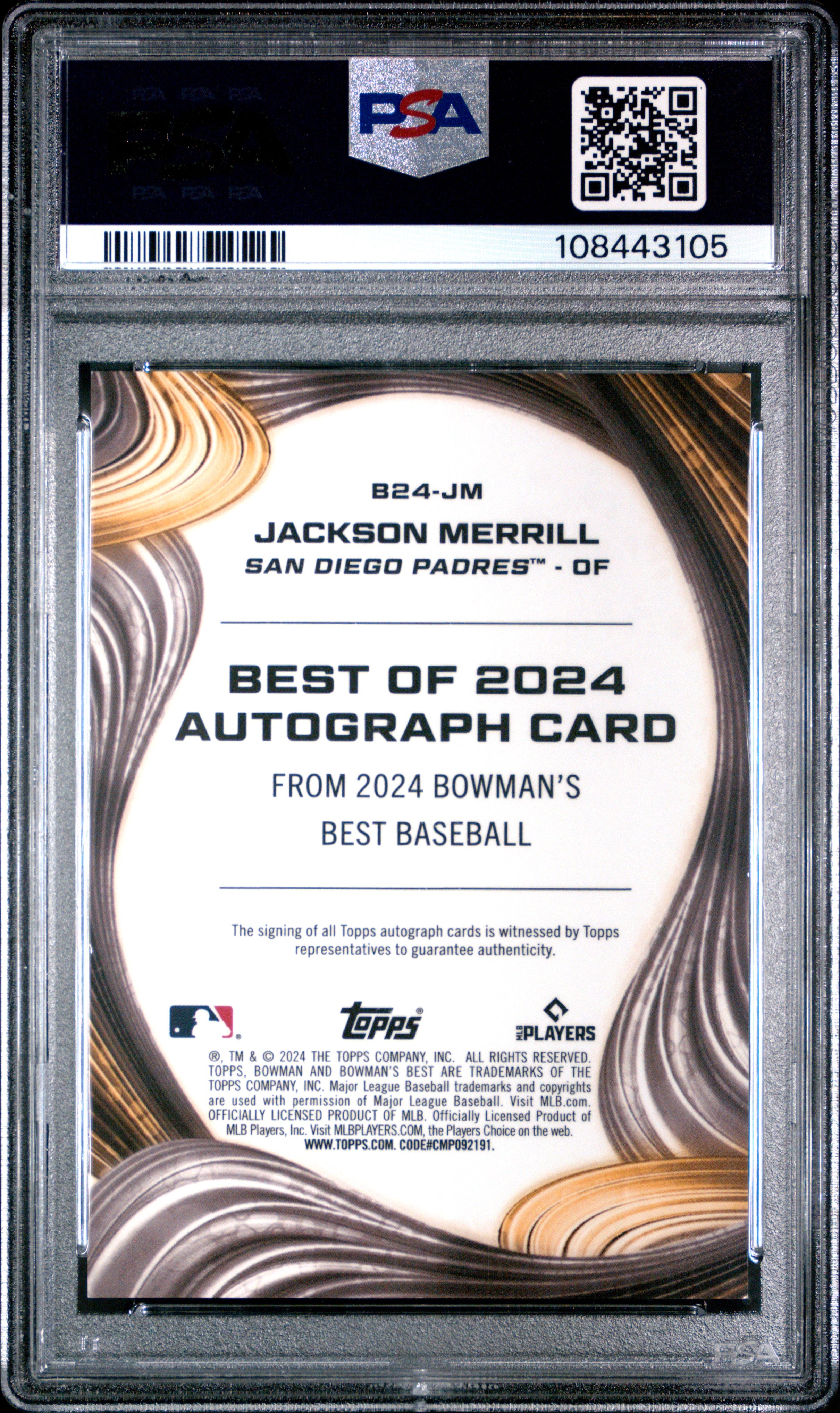 2024 Bowman's Best Jackson Merrill 01/99 Green Refractor Autograph #B24JM PSA 9 Mint Baseball Card - Perfect for Collectors, Investors & Sports Memorabilia Displays
