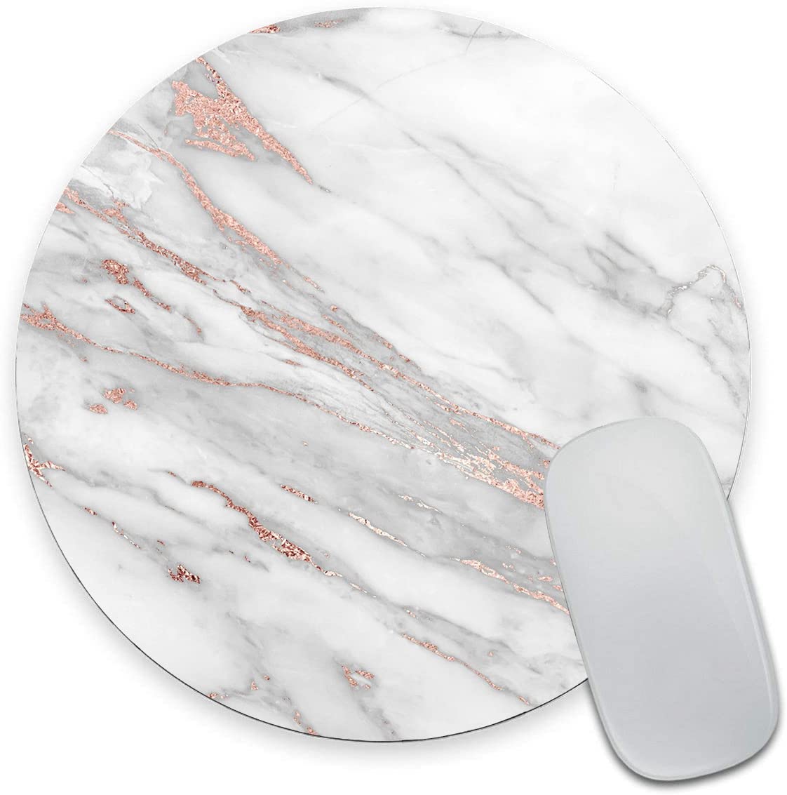 Premium White Rose Gold Marble Mouse Pad - Custom Round Non-Slip Rubber Base with Washable Lycra Cloth Surface for Wireless Mouse | Perfect for Office, Gaming & Home Computer Setup