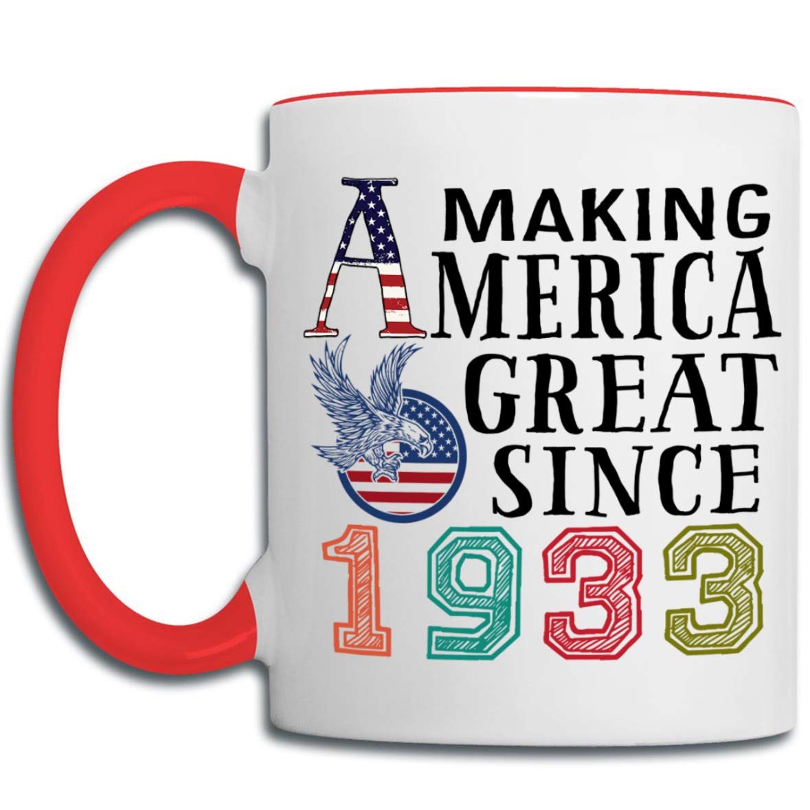 Vintage 1933 America Themed Coffee Mug - 11oz Red Handle Christmas Gift for Nurses, Coworkers, Mom, Dad, Wife or Husband - Perfect for Office, Home & Holiday Celebrations