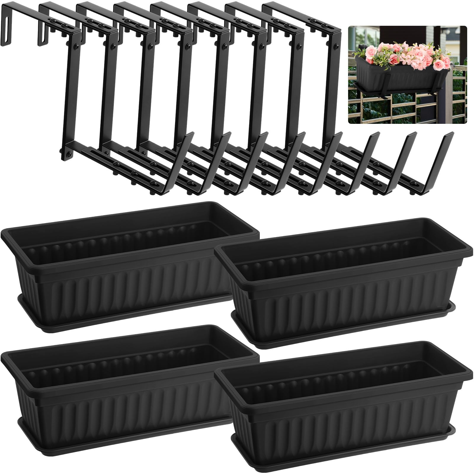 12 Pack Black Rectangular Planter Box Brackets Set - 17.3 x 7.5 x 5.5 Inch with Saucers & Adjustable Railing Brackets for Indoor/Outdoor Gardens, Patios, Balconies & Home Decor - Perfect for Flowers, Herbs & Small Plants