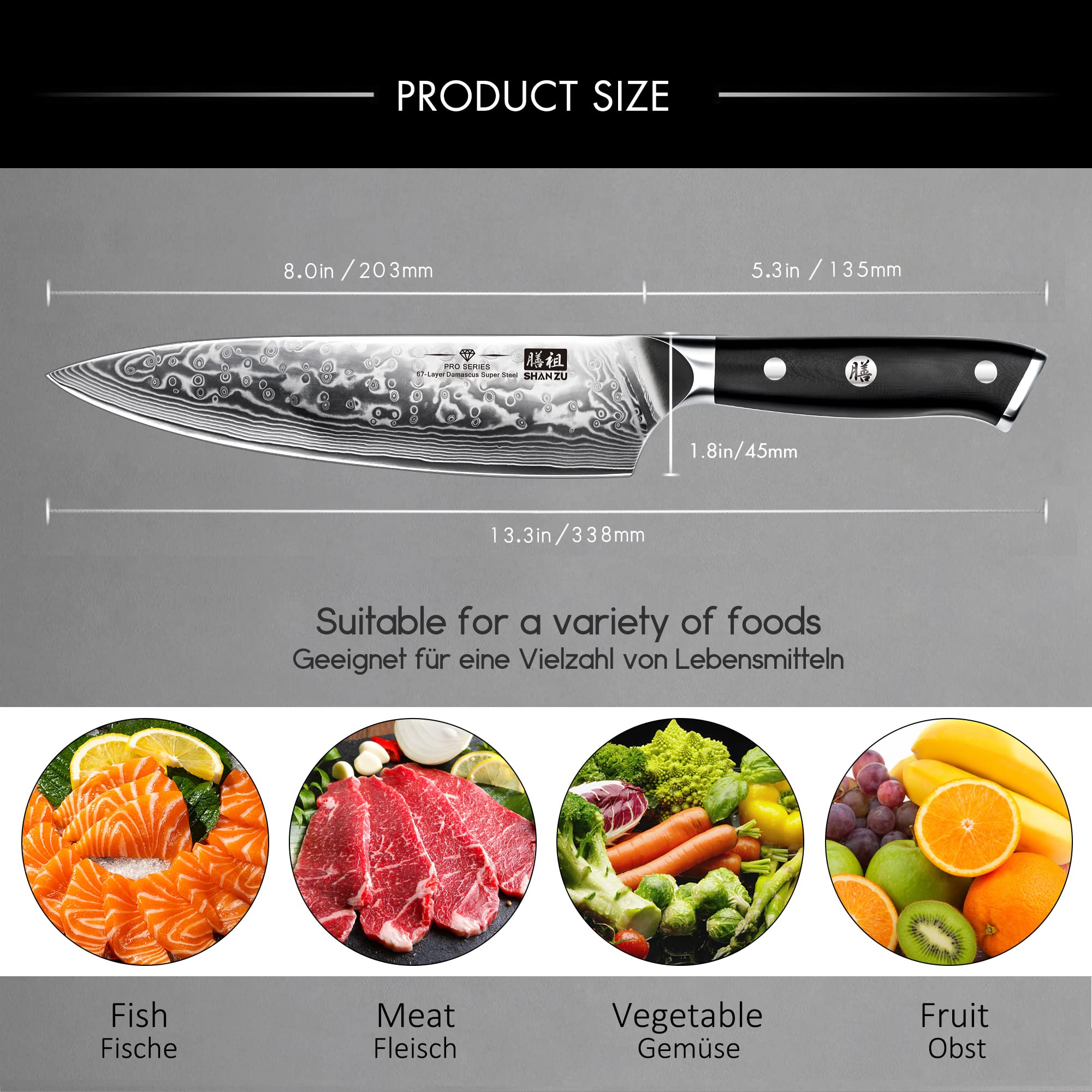 SHAN ZU 8 Inch Japanese Damascus Chef Knife - High Carbon Super Steel Professional Kitchen Knife for Precision Cutting, Slicing, and Chopping in Home and Restaurant Kitchens
