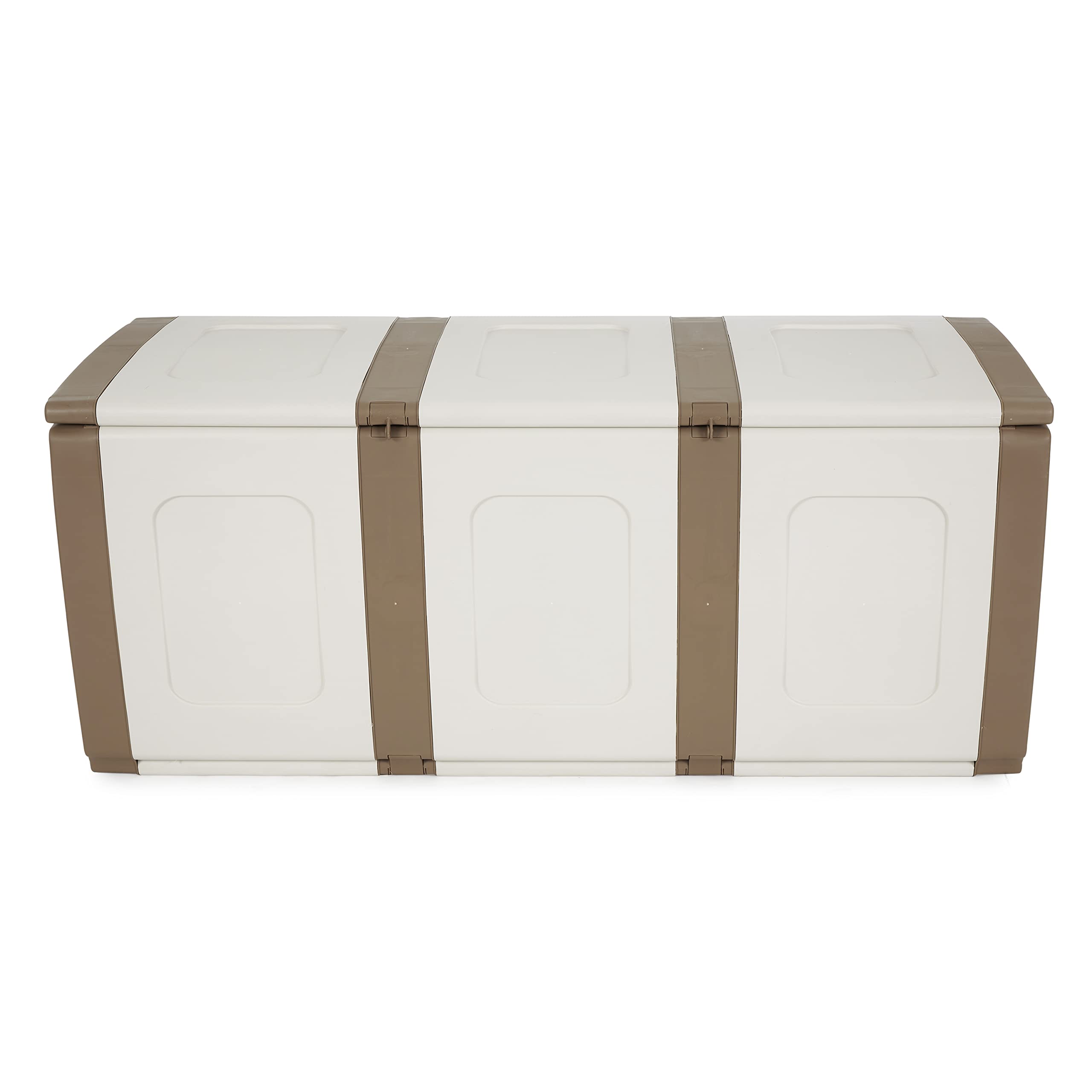 Homeplast 79 Gallon Bold Indoor/Outdoor Plastic Storage Trunk - Waterproof Resin Deck Box for Pillows, Patio Cushions, Firewood - Beige/White - Perfect for Garage, Basement, Backyard & Poolside Storage