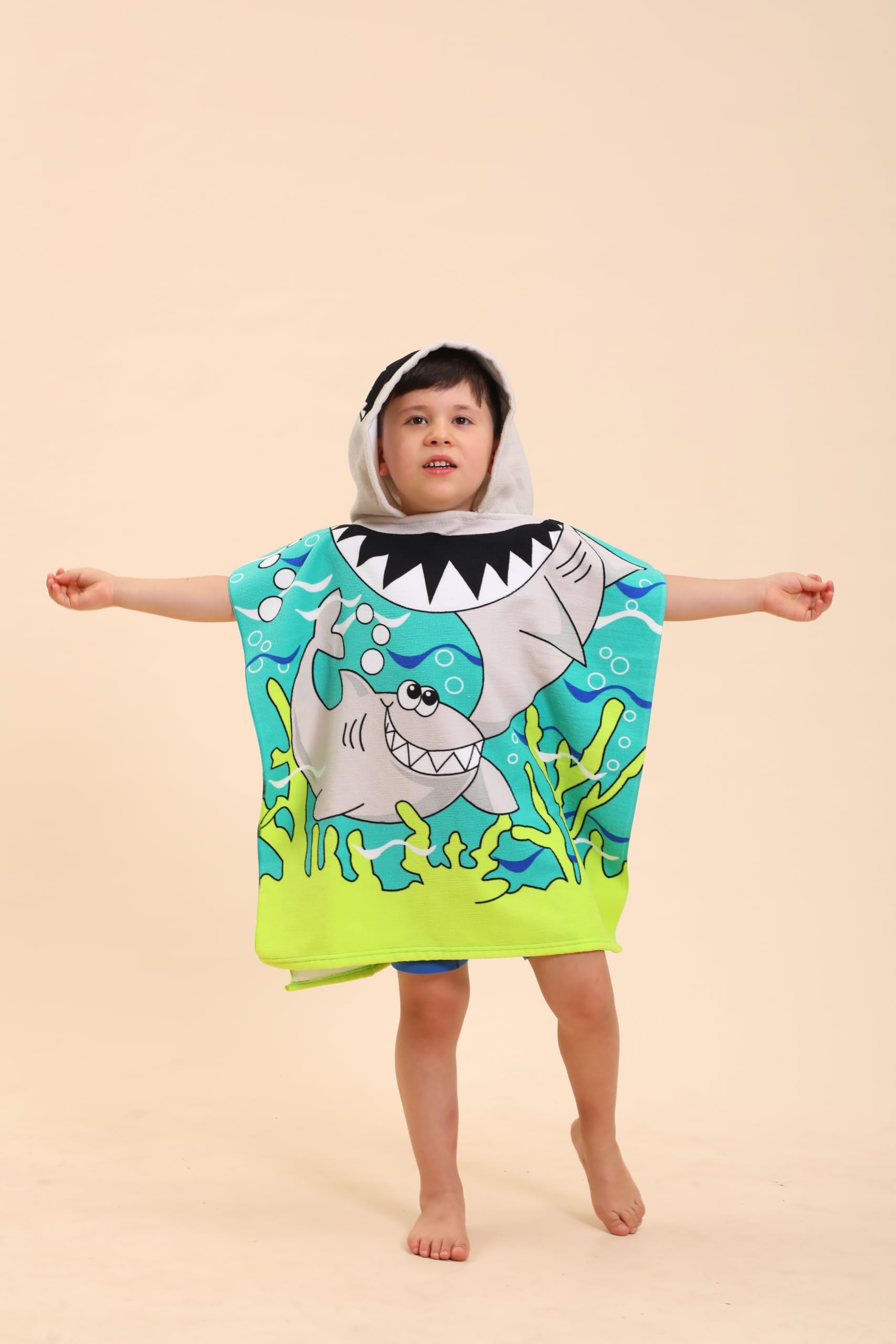 Shark Hooded Towel for Kids - Soft & Absorbent Poncho Beach Towel for Boys & Girls (Ages 2-10) | Wearable Swim Towel, Pool Towel & Bath Robe for Toddlers - Perfect for Swimming, Beach & Bath Time