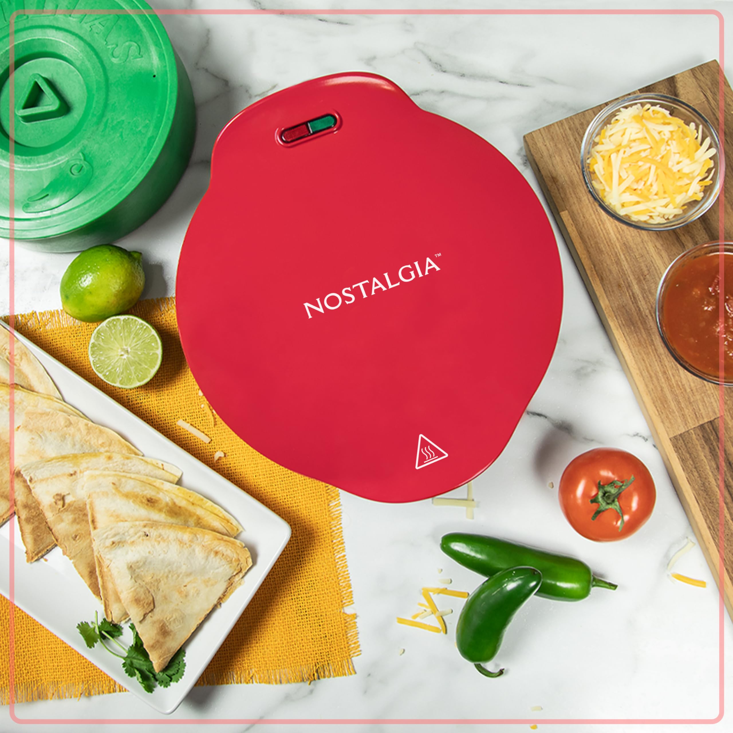 Nostalgia 6-Wedge Electric Quesadilla Maker with Extra Stuffing Latch - 8-Inch Red Non-Stick Surface for Perfect Mexican Snacks - Ideal for Parties, Family Gatherings & Quick Meals