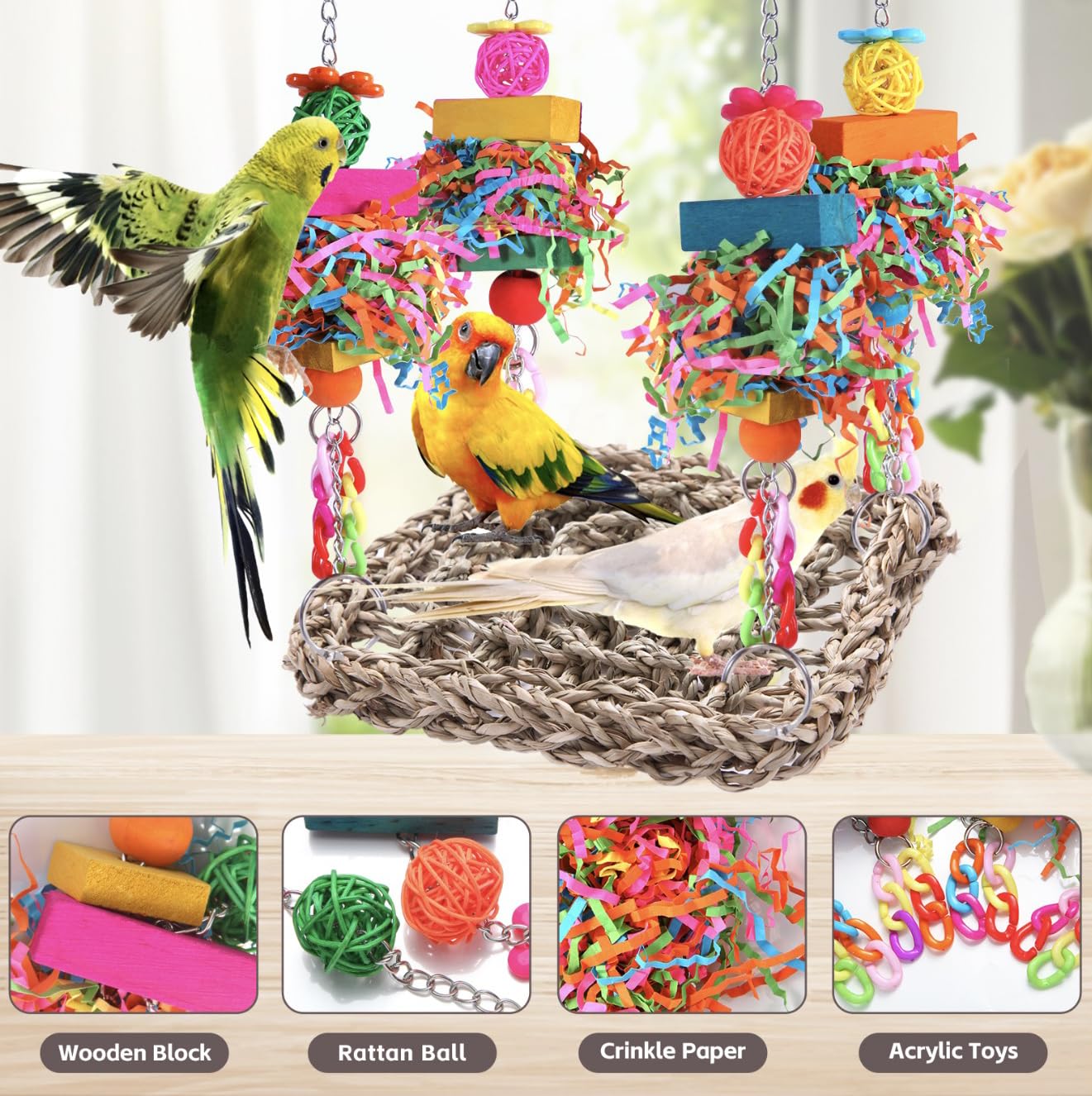Parakeet Toys for Small Birds - Seagrass Woven Hammock Swing & Foraging Wall for Lovebirds, Cockatiel, Budgie - Bird Cage Accessories for Play & Relaxation - Perfect for Bird Cages, Aviaries & Pet Play Areas
