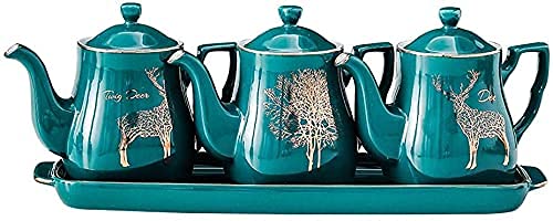 Premium 400ml Ceramic Olive Oil Dispenser Bottle Set - 3-Piece Oil & Vinegar Cruet with Tray for Kitchen, Restaurant & Dining Table (Green) | Drizzle, Serve & Store Cooking Oils, Soy Sauce & Condiments in Style
