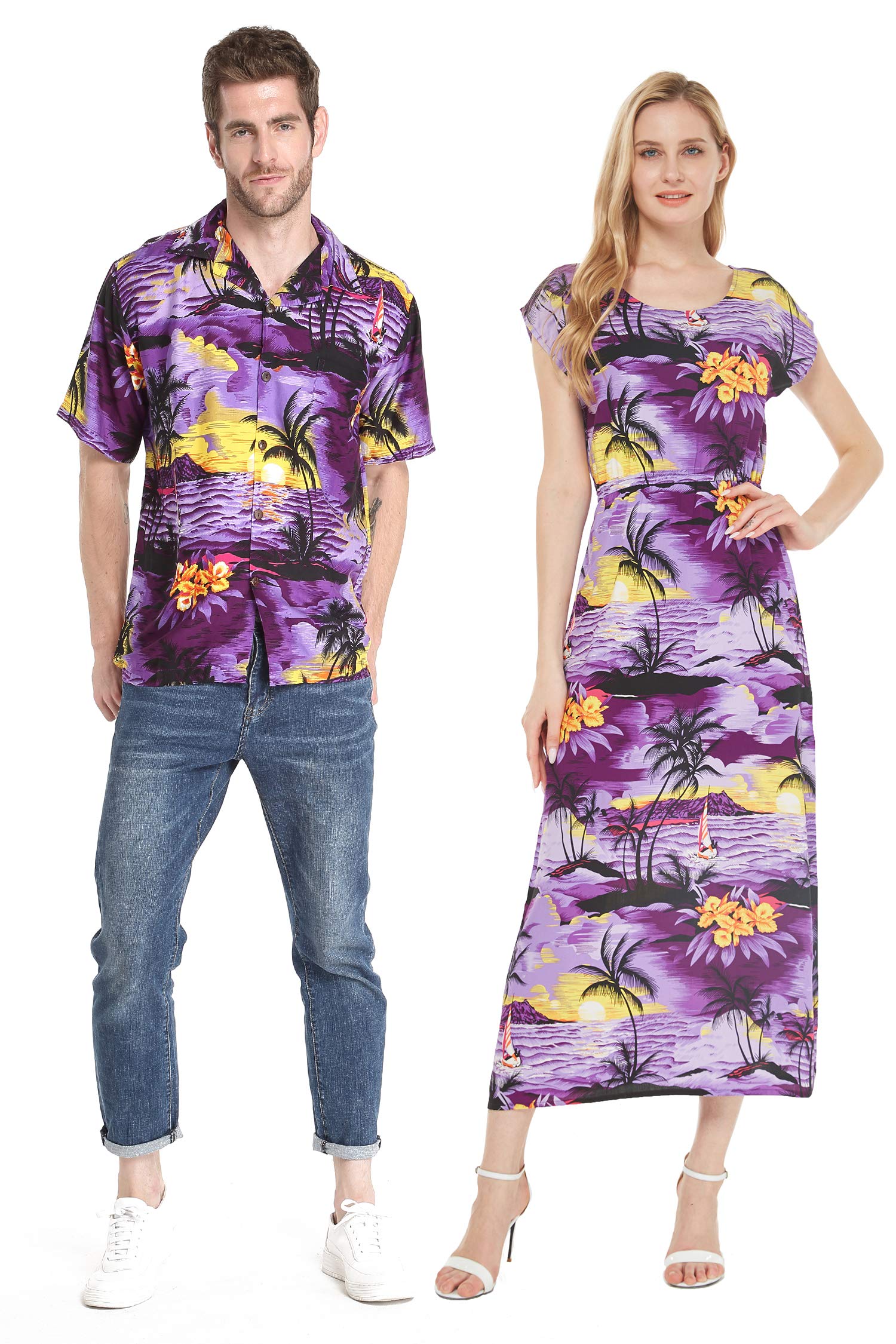 Hawaiian Couple Matching Luau Shirts & Cap Sleeve Maxi Dress - Hibiscus Blue Floral Print Beach Outfits for Summer Vacation, Luau Party, and Tropical Getaways