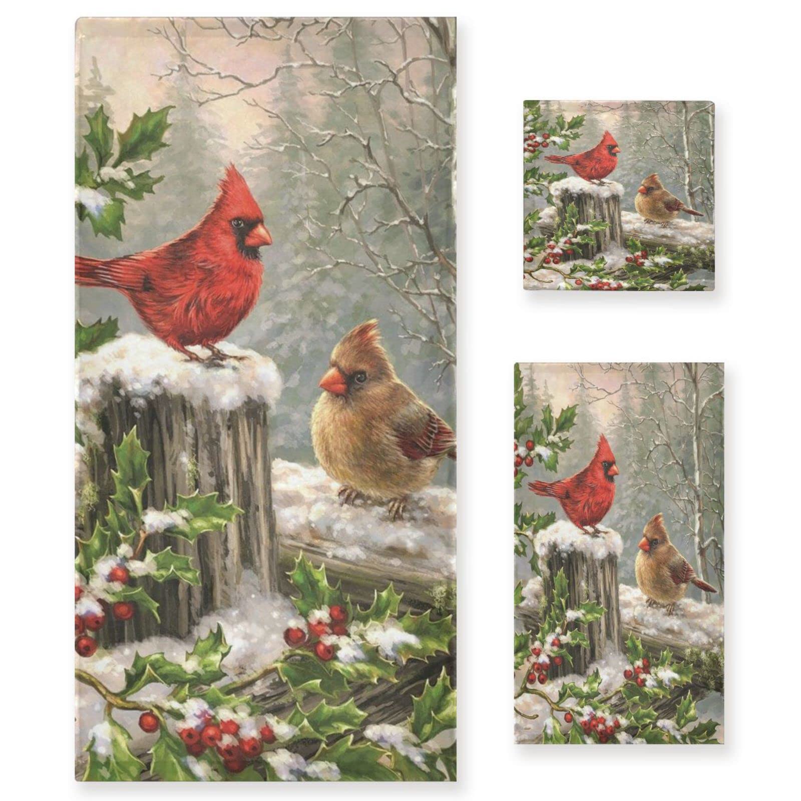 Winter Cardinal Holly Berry Snow Towels Set of 3 - Soft Absorbent Christmas Bath & Hand Towels with Washcloth - Holiday Guest Towel Set for Xmas Bathroom Decor - Perfect for Festive Home Decor & Holiday Guest Bathrooms