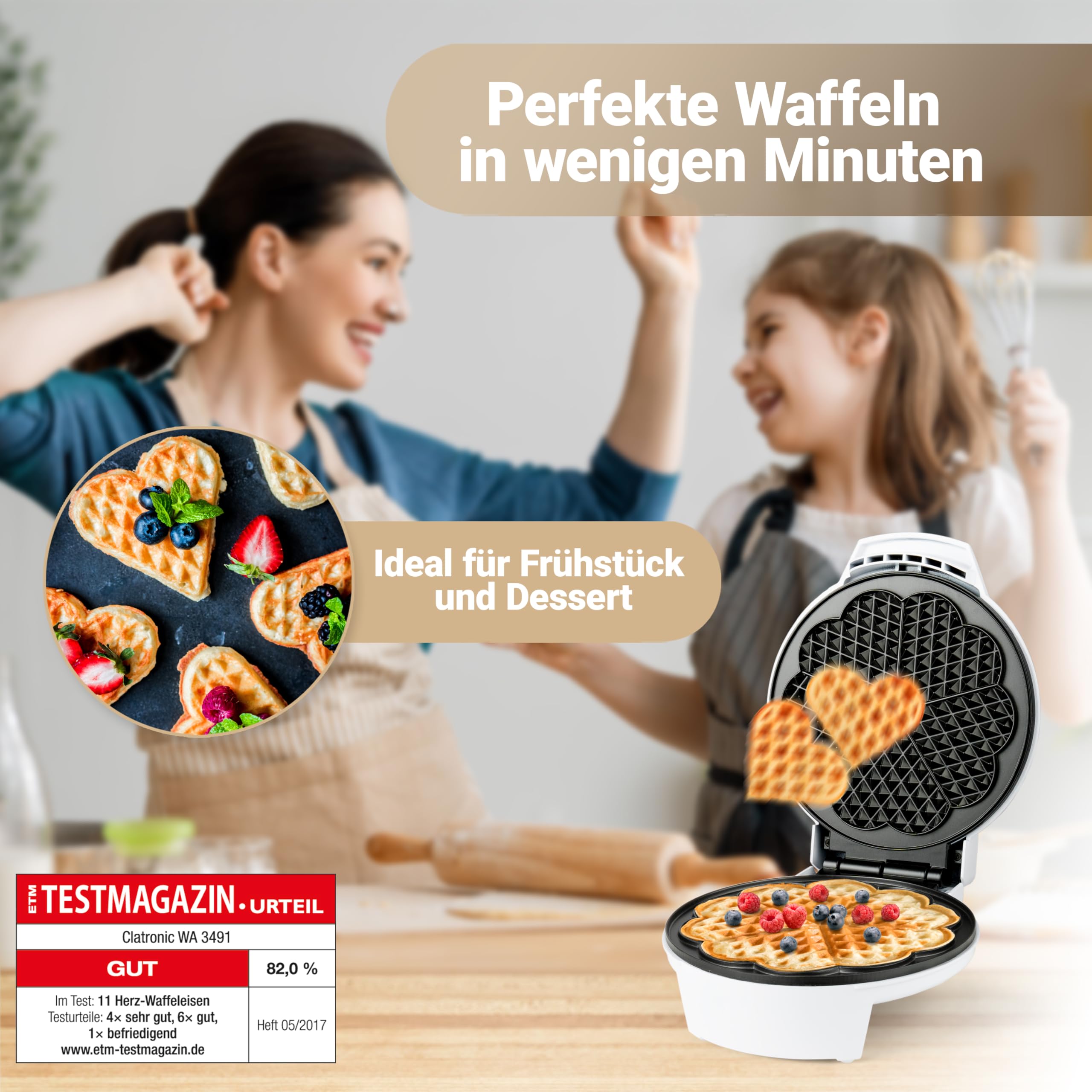 Clatronic WA 3491 Waffle Maker - 4-Slice Belgian Waffle Iron with Adjustable Temperature, Non-Stick Plates & Indicator Light - Perfect for Breakfast, Brunch & Family Gatherings