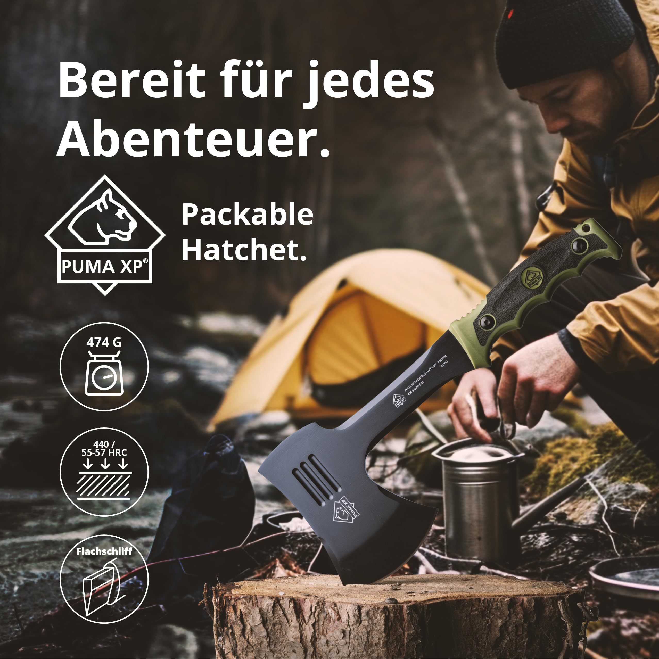 Puma XP Packable Camping Hatchet with Green Rubber Handle - Lightweight Compact Axe for Hiking, Backpacking & Outdoor Survival Gear
