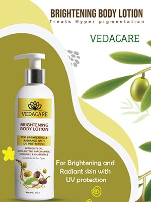 Vedacare Brightening Body Lotion 200ml with Niacinamide, Olive Oil, Shea Butter & Vitamin C - Skin Lightening, Moisturizing & Sun Protection for Hyperpigmentation - Perfect for Daily Use, After Sun Care & Evening Skincare Routine