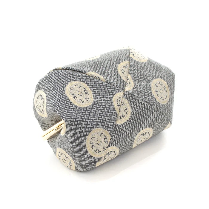 Nishijin Woven Wheel-Shaped Small Pouch - Gray | Handmade in Kyoto Japan | Cosmetic & Makeup Bag, Japanese Gamaguchi Pouch | Perfect for Travel Toiletry, Stationery Organization & Bag Organizer | Elegant Gift for Women & Daily Use Accessory
