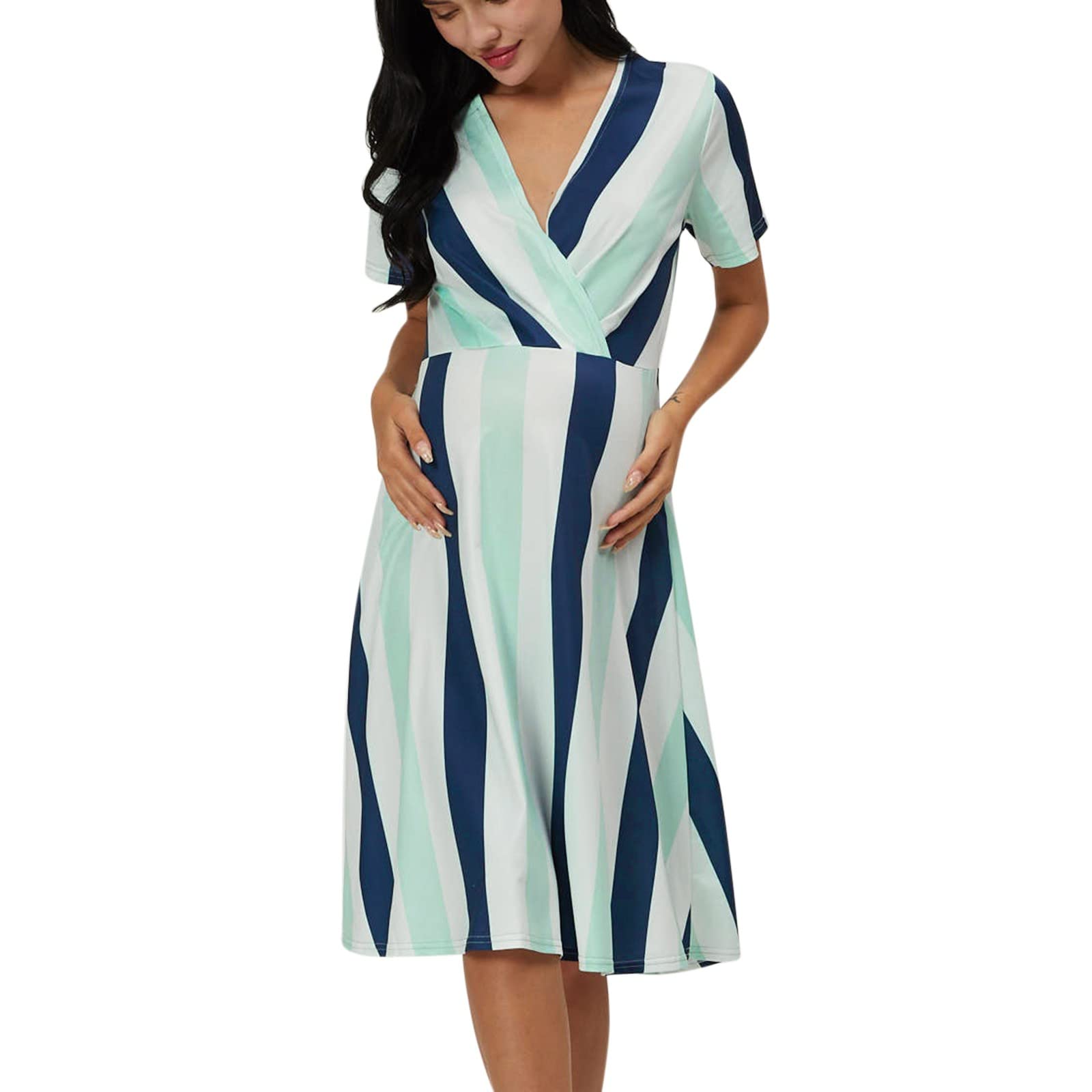 Synia Women's Maternity Dress - Striped Casual Loose Short Sleeve V-Neck Sundress & Maxi Dress for Pregnancy | Perfect for Beach, Summer Outfits & Nursing Comfort