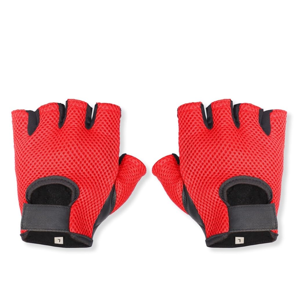 Prime Sports Leather & Mesh Fingerless Weight Lifting Gloves for Gym, Workout & Wheelchair Use - Black/Red (WLG-021) | Ideal for Cross Training, Powerlifting & Mobility Support