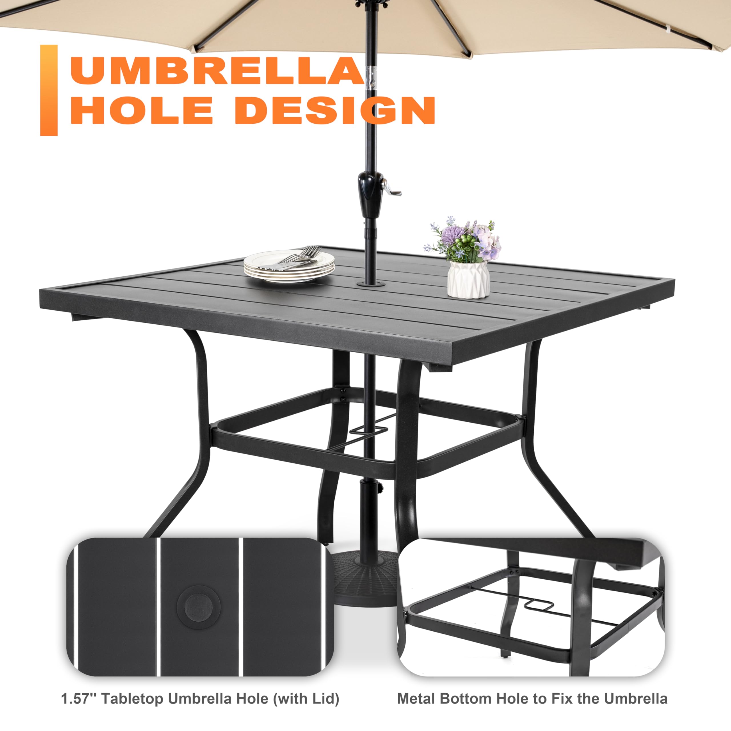 NUU GARDEN 37 Inch Square Outdoor Dining Table for 4 - Steel Slat Patio Table with Umbrella Hole | Powder Coated Iron Frame | Perfect for Garden, Balcony, Backyard & Poolside Gatherings