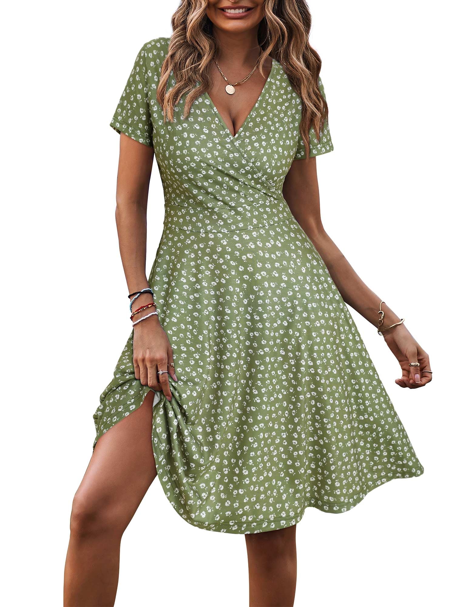 MSBASIC Women's Summer Wrap V-Neck Casual Floral Dress - Short Sleeve A-Line Midi Sundress for Beach, Vacation & Outdoor Activities