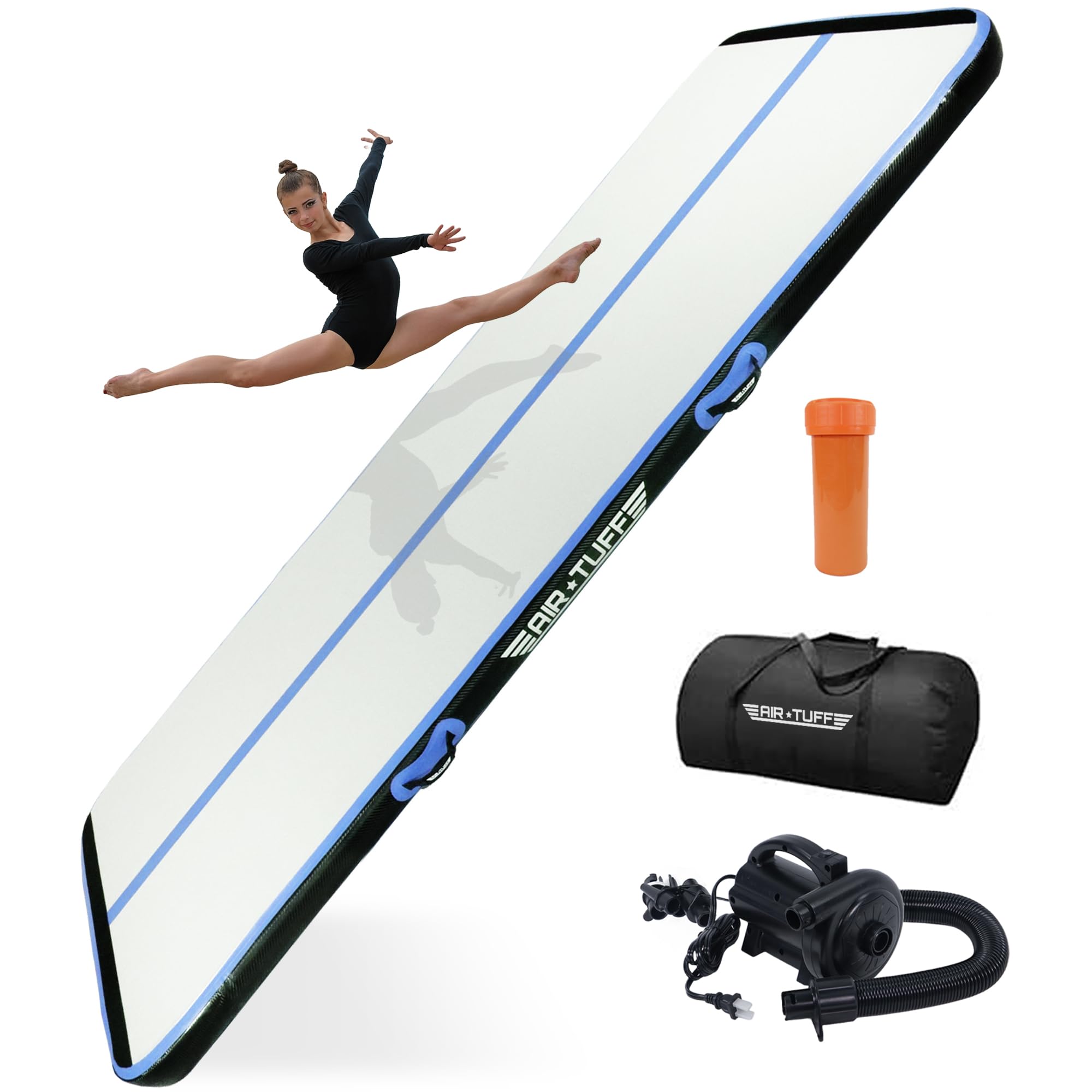 Inflatable Gymnastics Mat with Electric Pump - Foldable Air Tumbling Track for Home Gym, Yoga & Cheerleading | Includes Carrying Bag | Ideal for Kids & Adults | Indoor & Outdoor Exercise Equipment | Perfect for Gymnastics Practice, Fitness Training & Backyard Activities