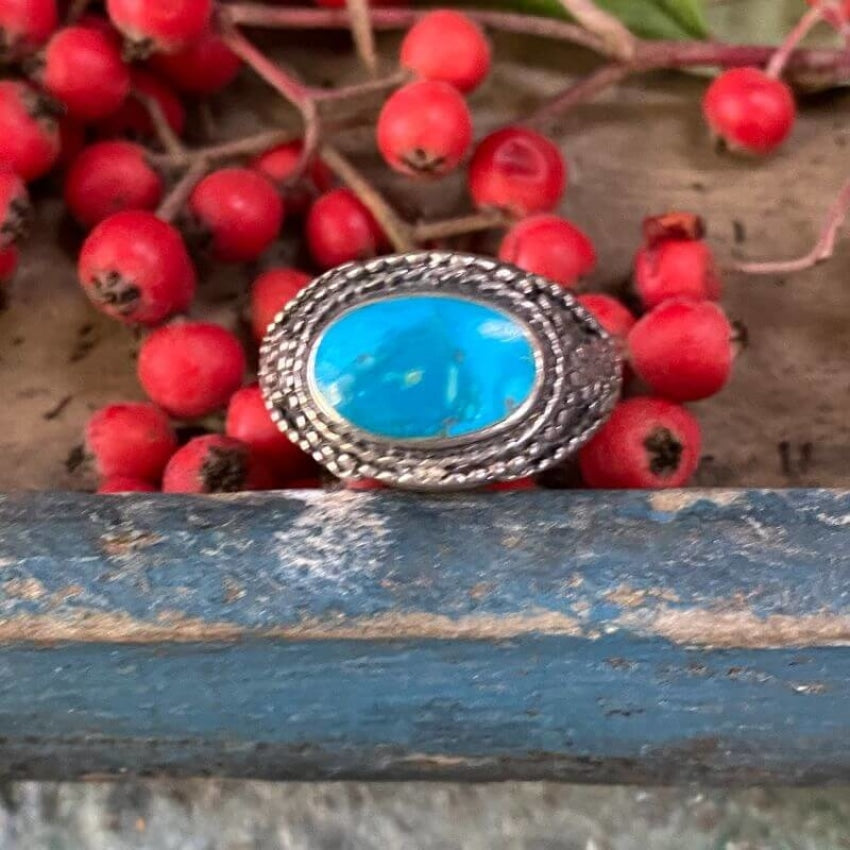 Turquoise Sterling Silver Ring with Dot Bead Design - Size 5.75 - Elegant Boho Jewelry for Women, Perfect for Everyday Wear & Special Occasions