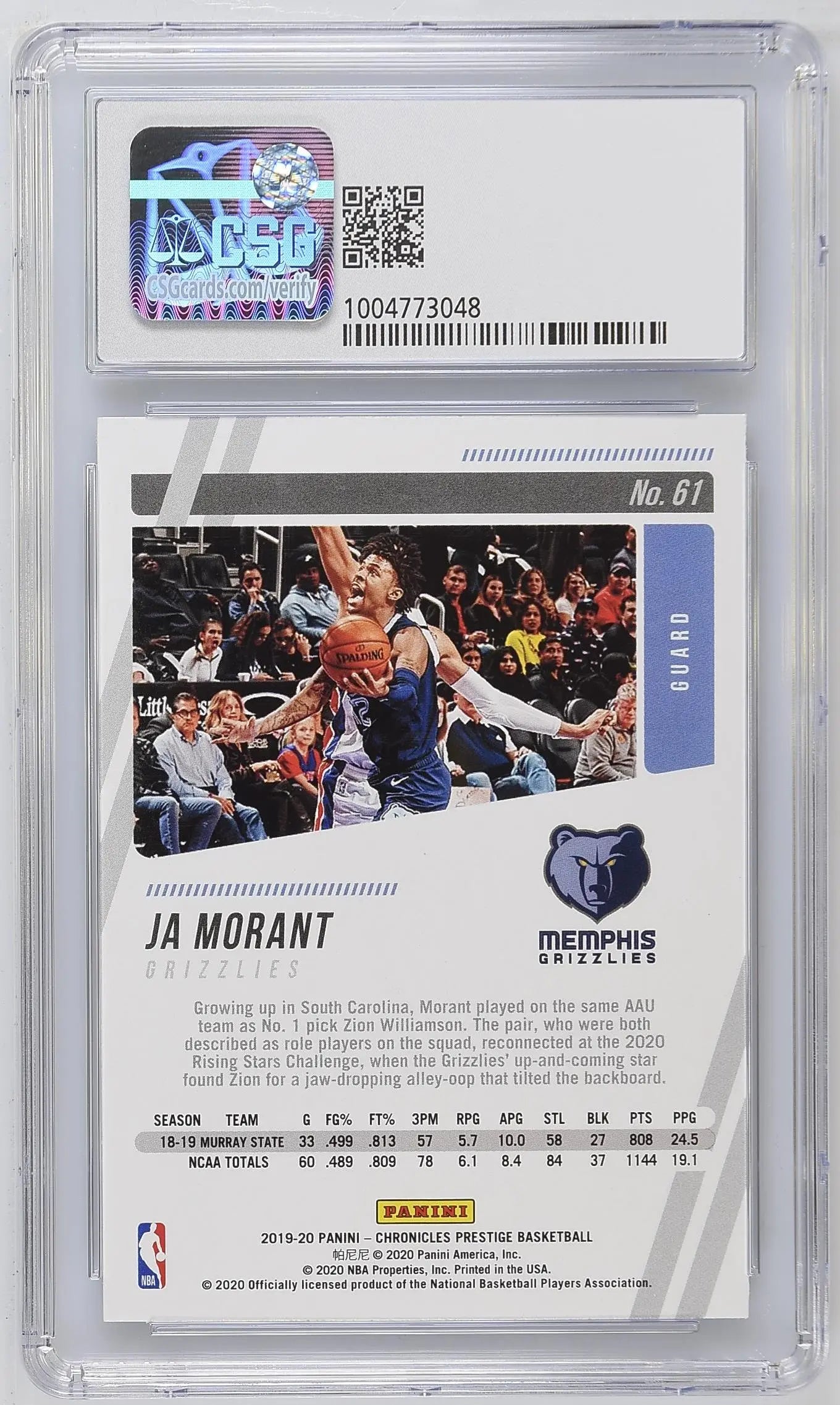 2019-20 Panini Chronicles Ja Morant Rookie Card #61 CSG 10 Gem Mint - Collectible Basketball Trading Card for NBA Fans & Memorabilia Enthusiasts