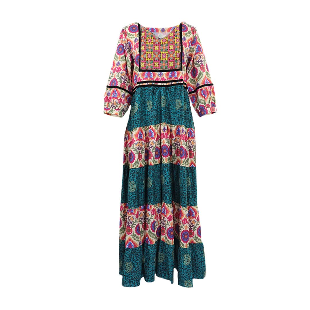 Boho Embroidered Maxi Dress for Women - Tribal Ethnic Retro Summer Beach Dress | Perfect for Vacations, Music Festivals & Casual Outings