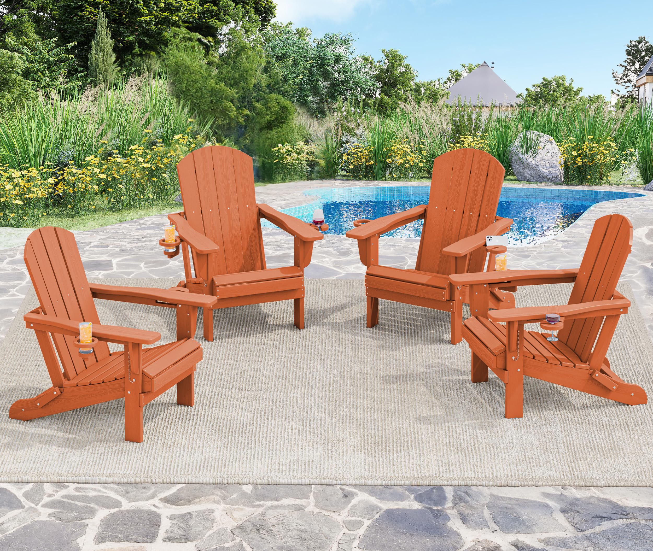 Premium SERWALL Adirondack Chair with Cup Holders - Durable HDPE Composite Outdoor Patio Furniture - All-Weather Resistant - Orange - Perfect for Backyard, Garden, Poolside & Deck Relaxation