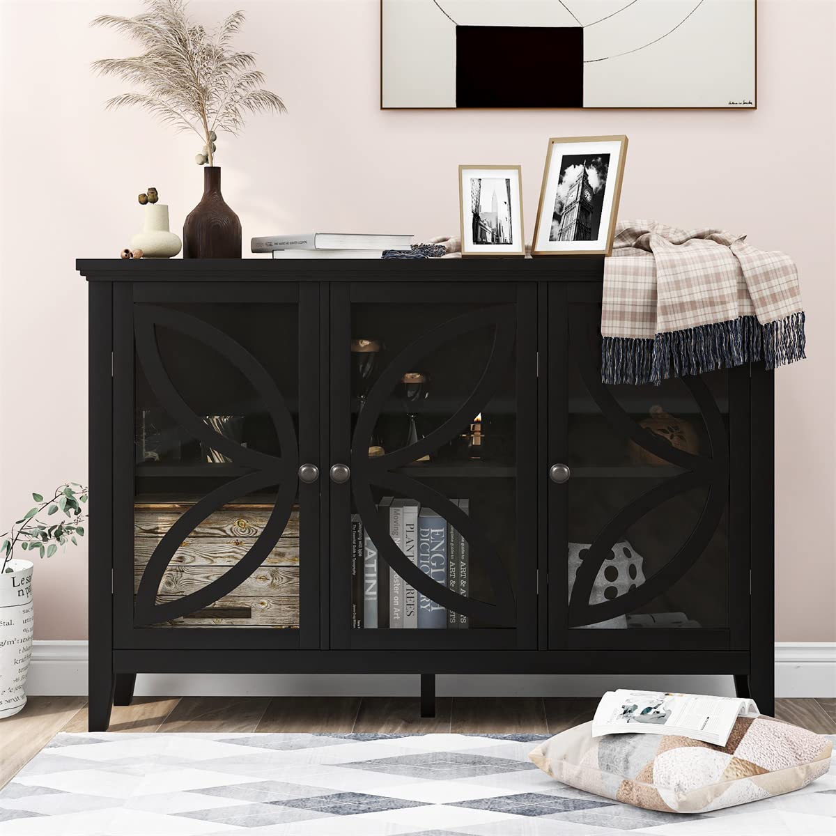 TRIPLE TREE Modern Wooden Accent Storage Cabinet with Glass Doors - Adjustable Shelf Console Table, Entryway Sideboard Buffet Cabinet for Living Room, Bedroom, Office & Dining Room - Perfect for Home Decor & Storage Solutions (Black)